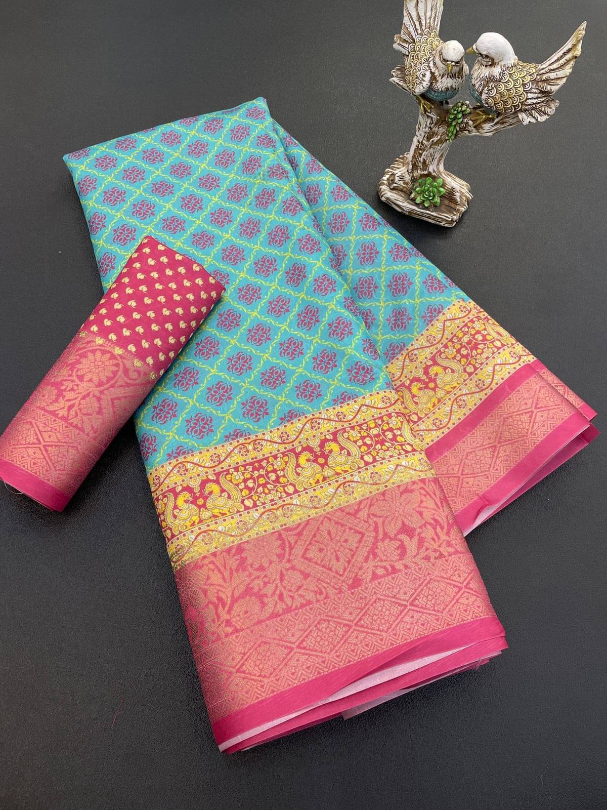     			Rangtulika Ethnics Cotton Printed Phulkari saree With Unstitched Blouse Piece ( Blue )