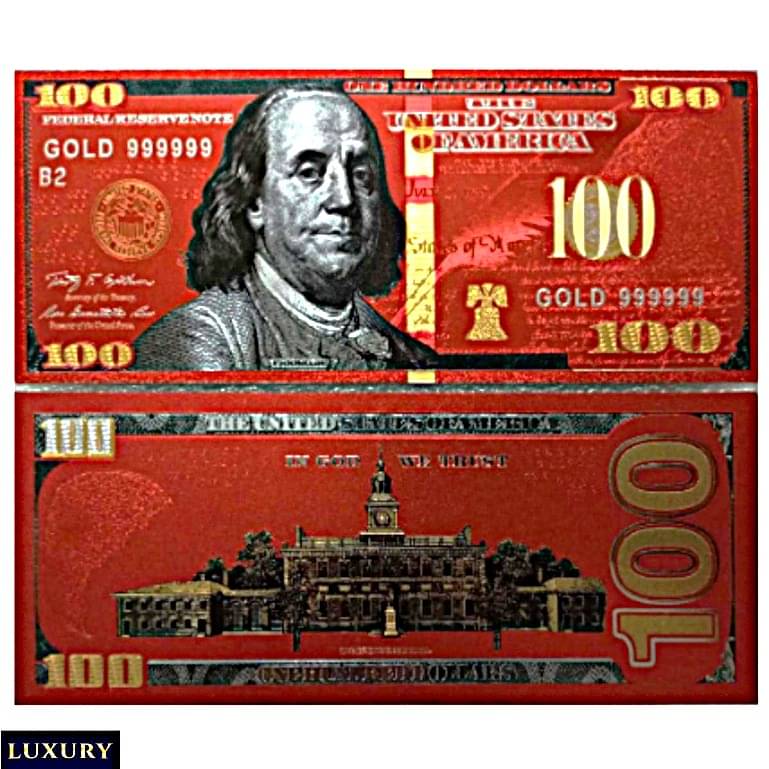     			Red 100 US Dollar Bill 24Kt Gold Plated 1 Paper currency Extremely Rare Note