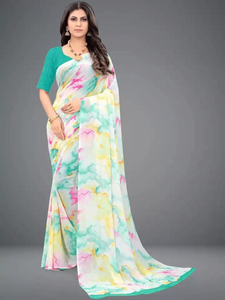 SHIRODHARI Georgette Printed Saree With Unstitched Blouse Piece ( Blue ) SHIRODHARI Georgette Printed Saree With Unstitched Blouse Piece ( Blue )