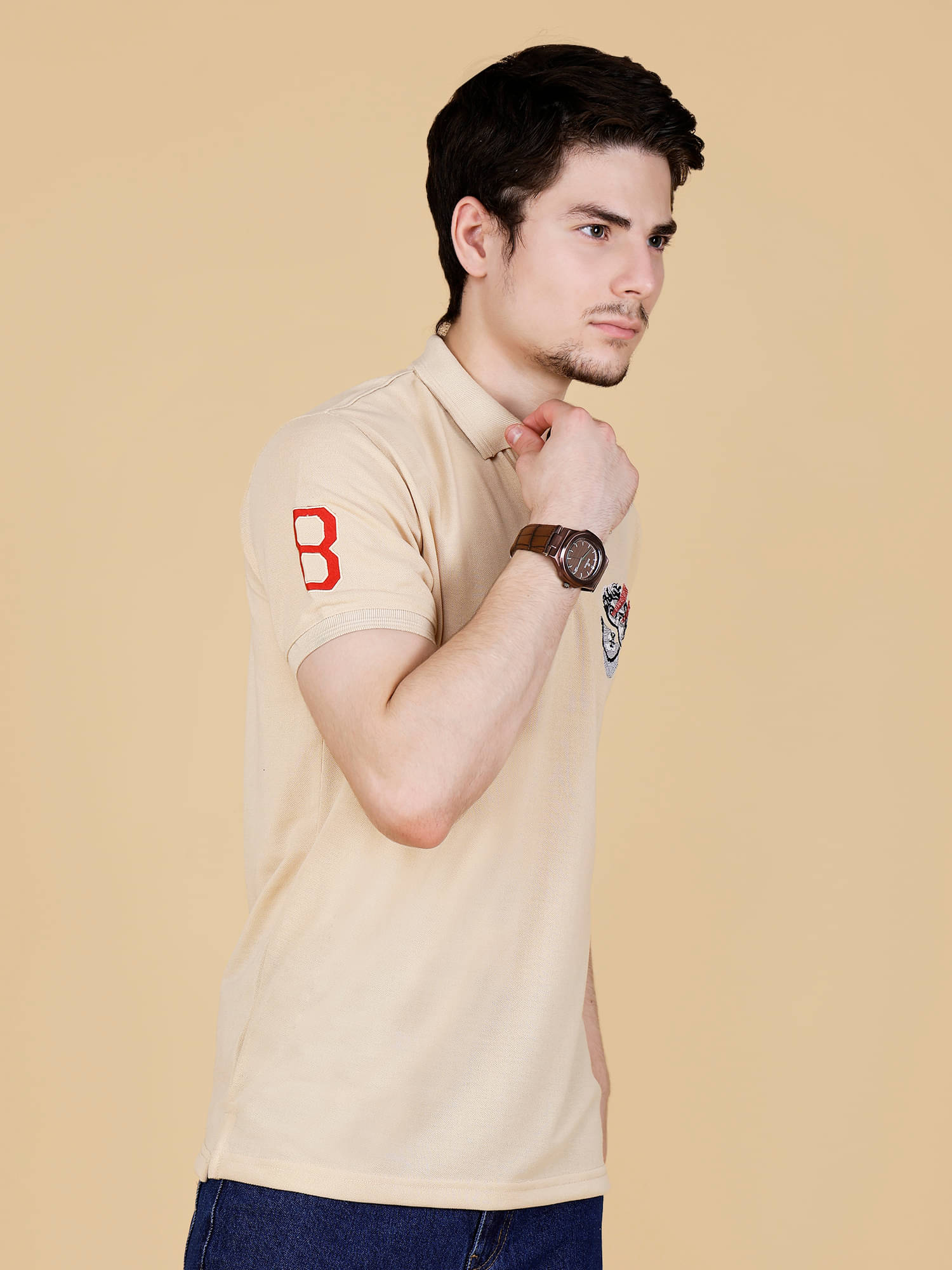    			STARFOX Men Cotton Blend Regular Fit Embroidered Polo T Shirt ( Camel )