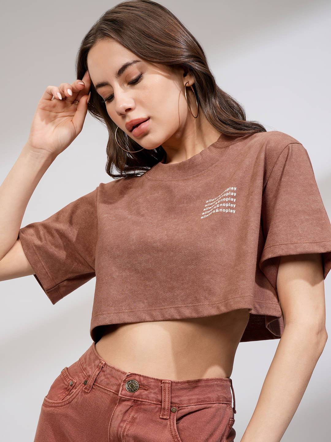 Tokyo Talkies Women's Cotton Blend Crop Top ( Brown ) Tokyo Talkies Women's Cotton Blend Crop Top ( Brown )