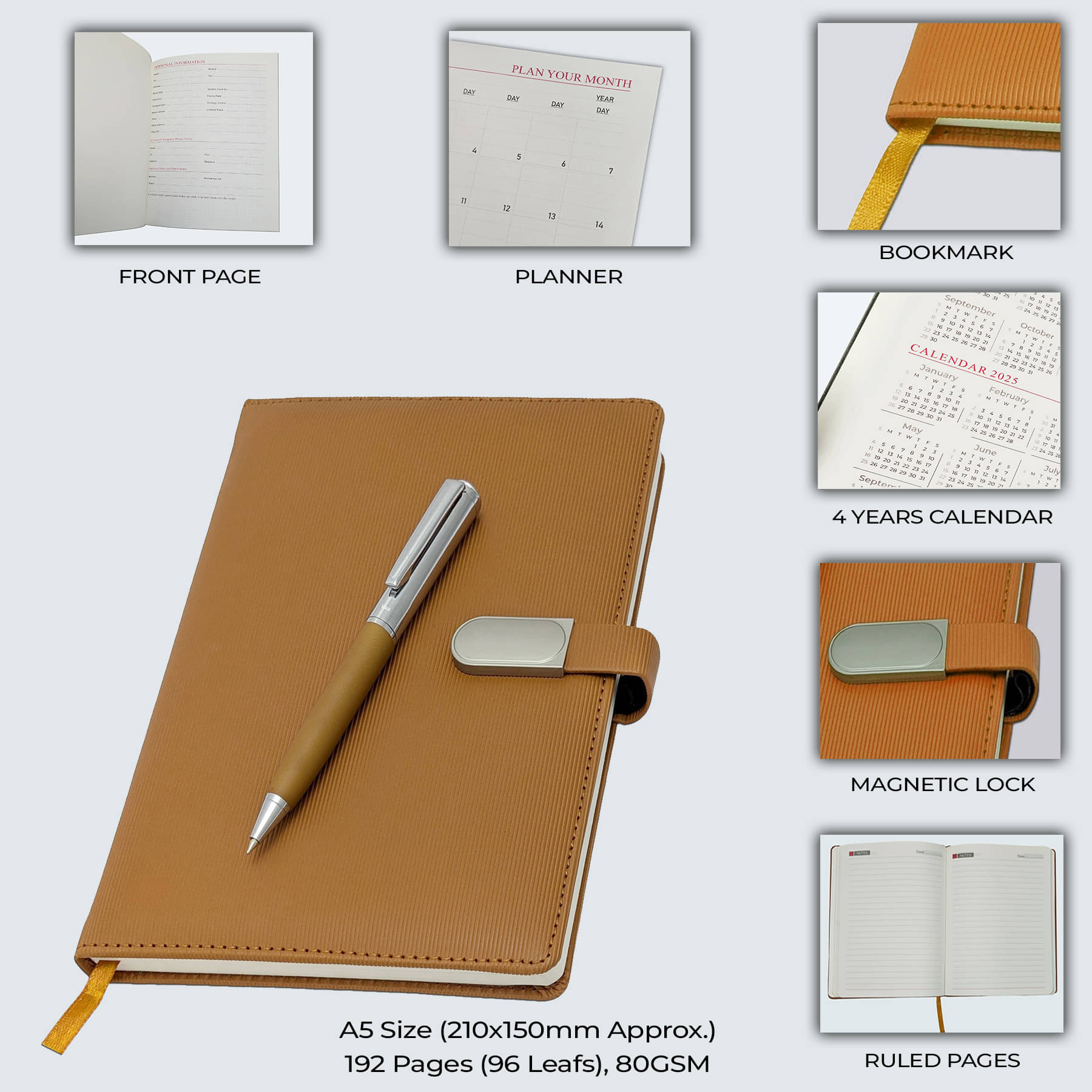 UJJi A5 Diary with Magnetic Lock, Tan Colour, 192 Pages with Pen Monthly Planner, 4-Year Calendar, 210x150mm UJJi A5 Diary with Magnetic Lock, Tan Colour, 192 Pages with Pen Monthly Planner, 4-Year Calendar, 210x150mm