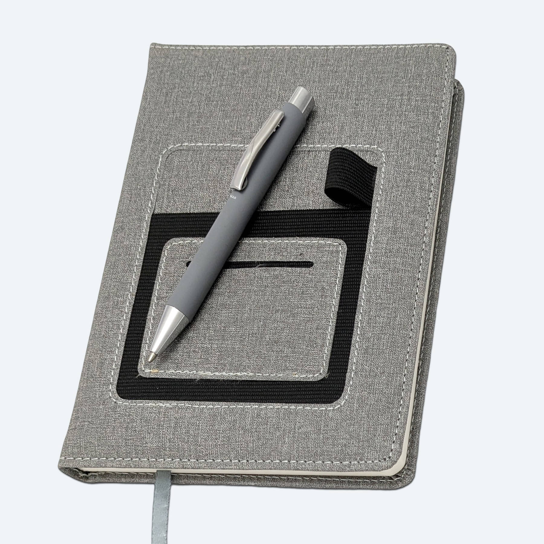     			UJJi A5 Fabric Notebook with Mobile Holder, Card Slot, Pen Holder, 192 Pages, 4-Year Calendar, Grey