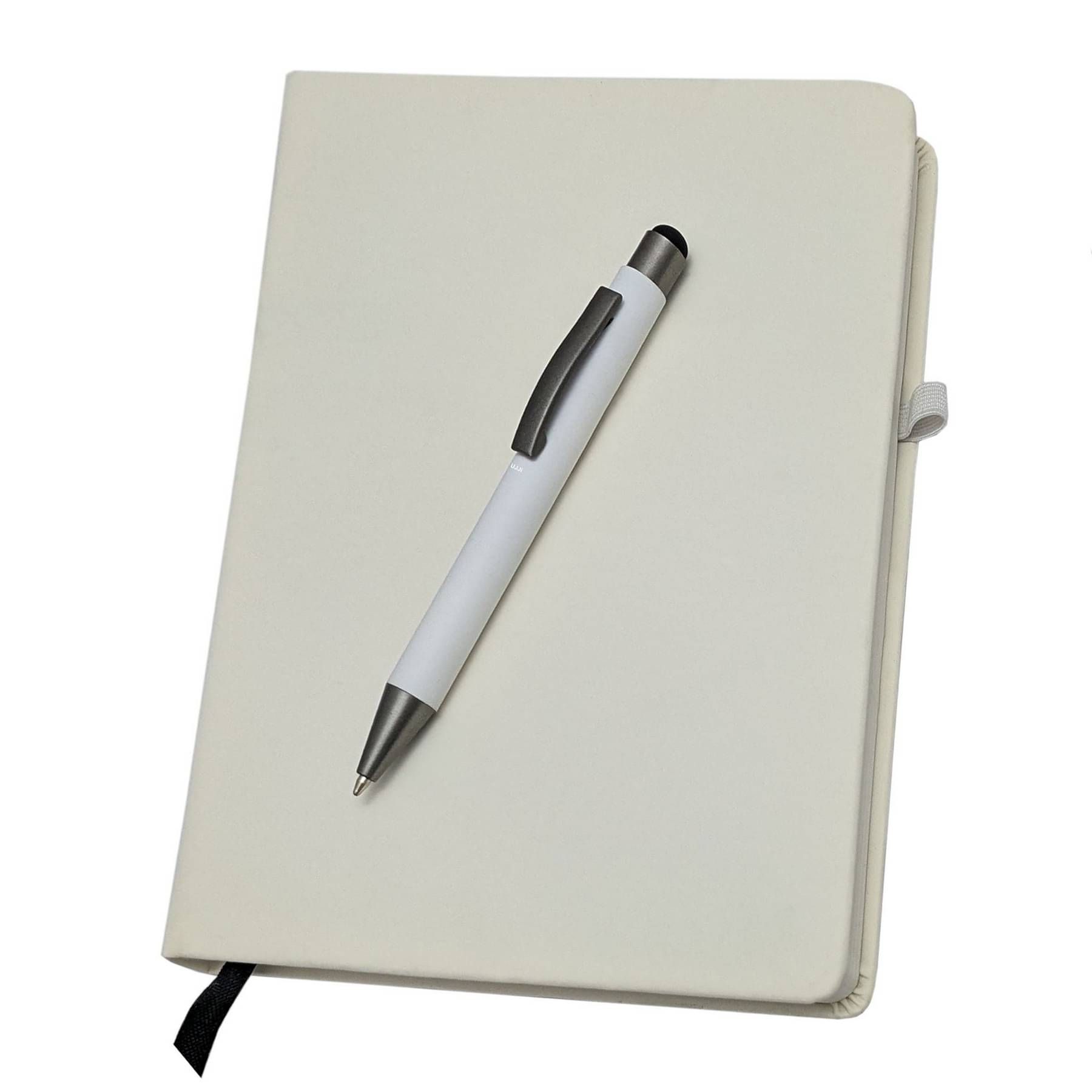 UJJi A5 Notebook with Stylus Pen, 192 Ruled Pages, White PU Cover, 80GSM Paper, Elastic Closure UJJi A5 Notebook with Stylus Pen, 192 Ruled Pages, White PU Cover, 80GSM Paper, Elastic Closure