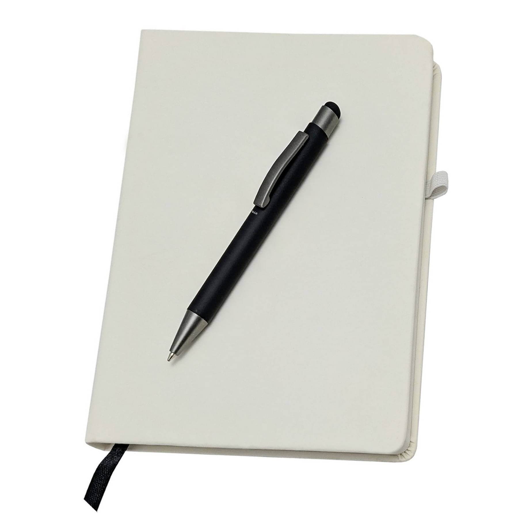     			UJJi Premium Notebook and Stylus Pen Set, White PU Cover, 192 Pages with Elastic Closure