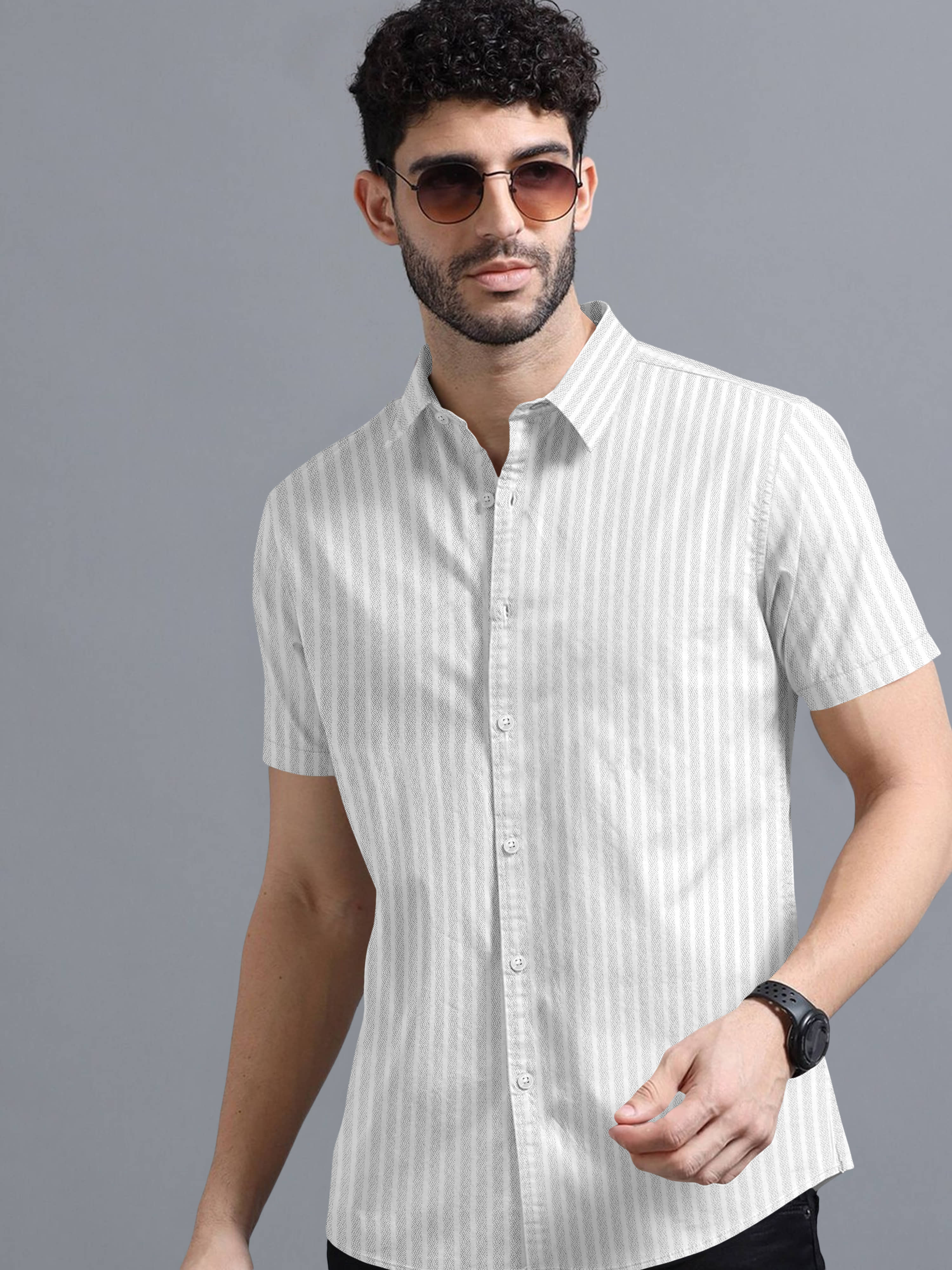 VTEXX Poly Cotton Regular Fit Striped Half Sleeves Men's Casual Shirt - White ( Pack of 1 )