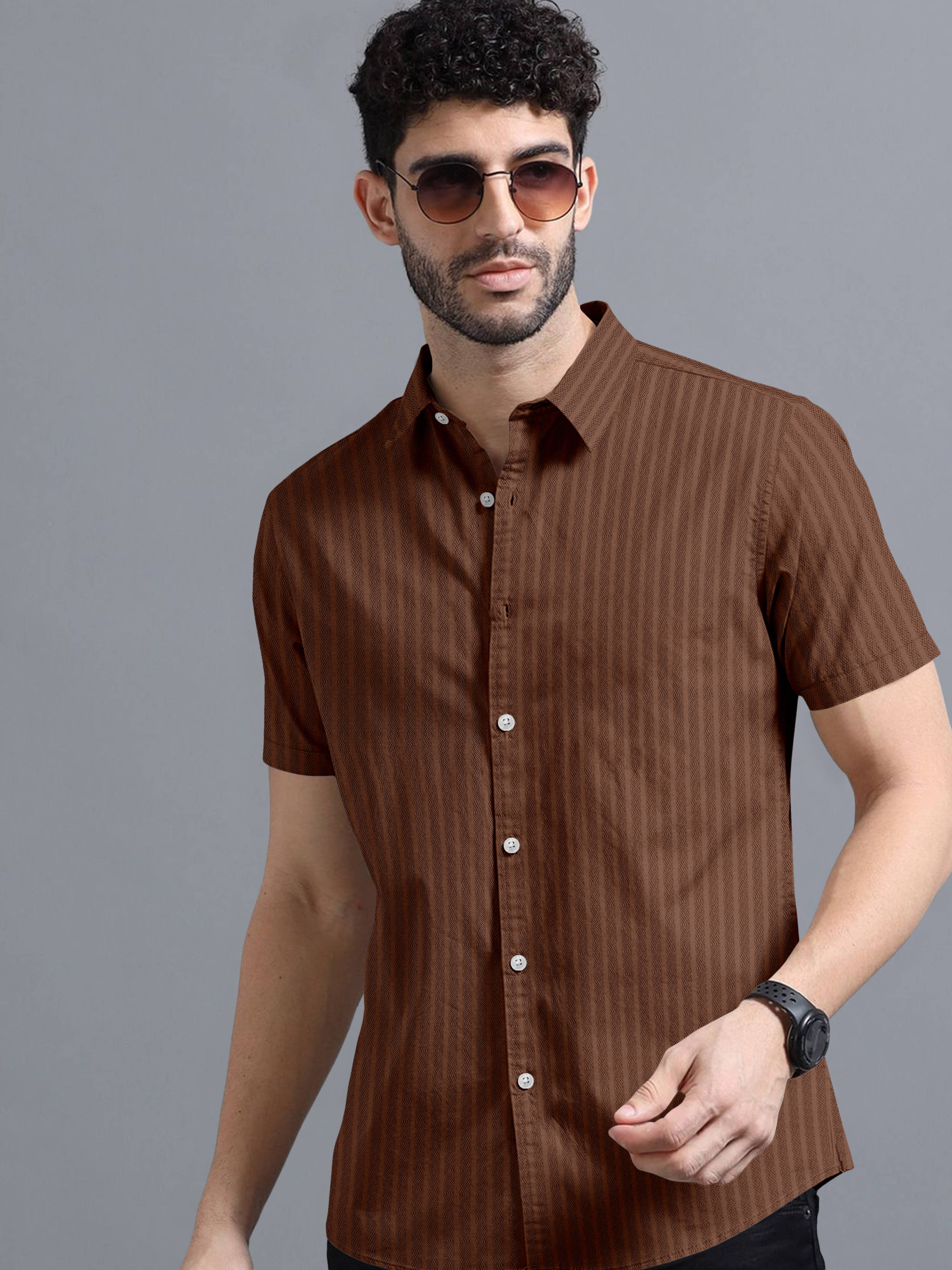 VTEXX Poly Cotton Regular Fit Striped Half Sleeves Men's Casual Shirt - Brown ( Pack of 1 ) VTEXX Poly Cotton Regular Fit Striped Half Sleeves Men's Casual Shirt - Brown ( Pack of 1 )