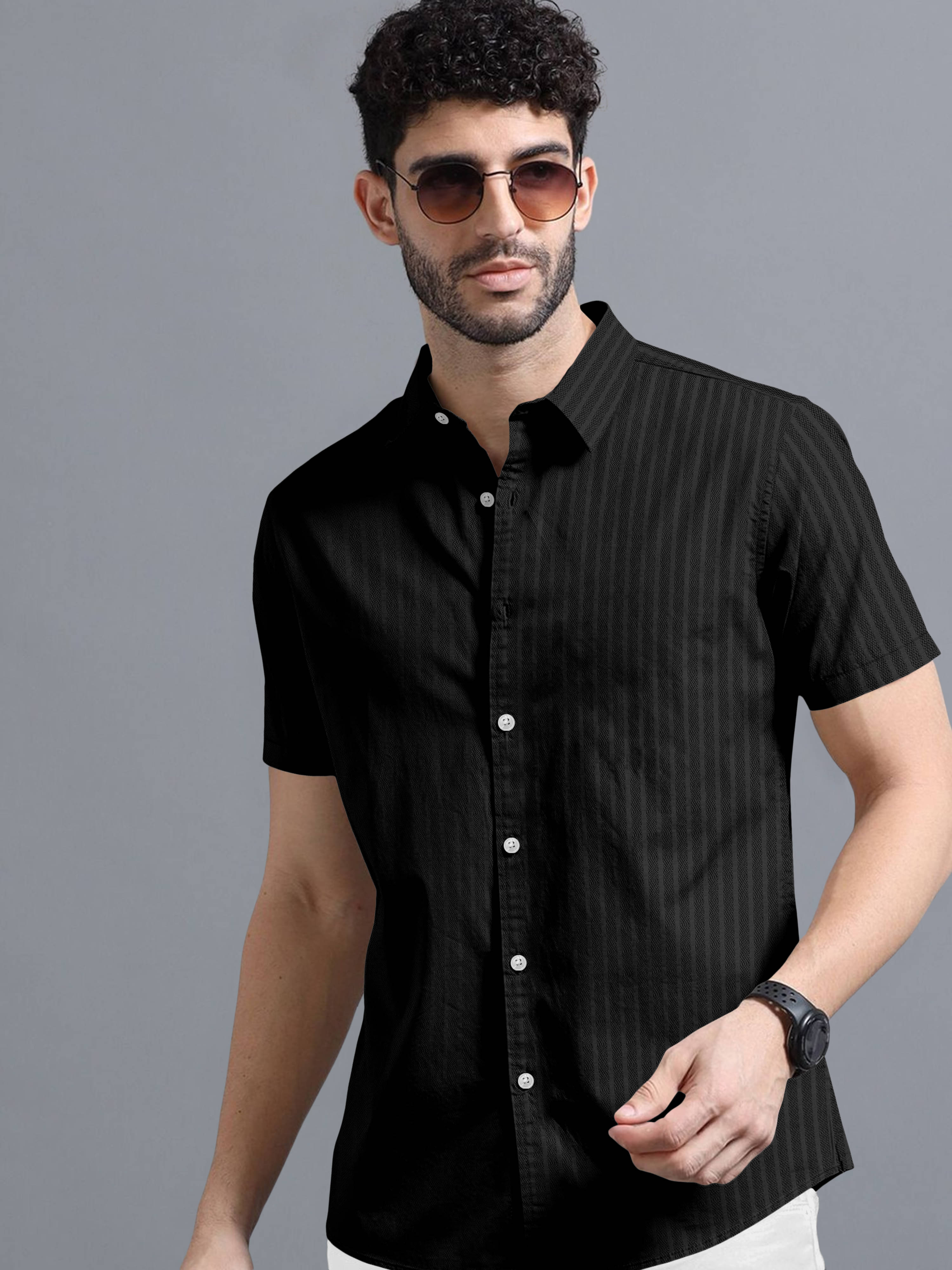 VTEXX Poly Cotton Regular Fit Striped Half Sleeves Men's Casual Shirt - Black ( Pack of 1 ) VTEXX Poly Cotton Regular Fit Striped Half Sleeves Men's Casual Shirt - Black ( Pack of 1 )