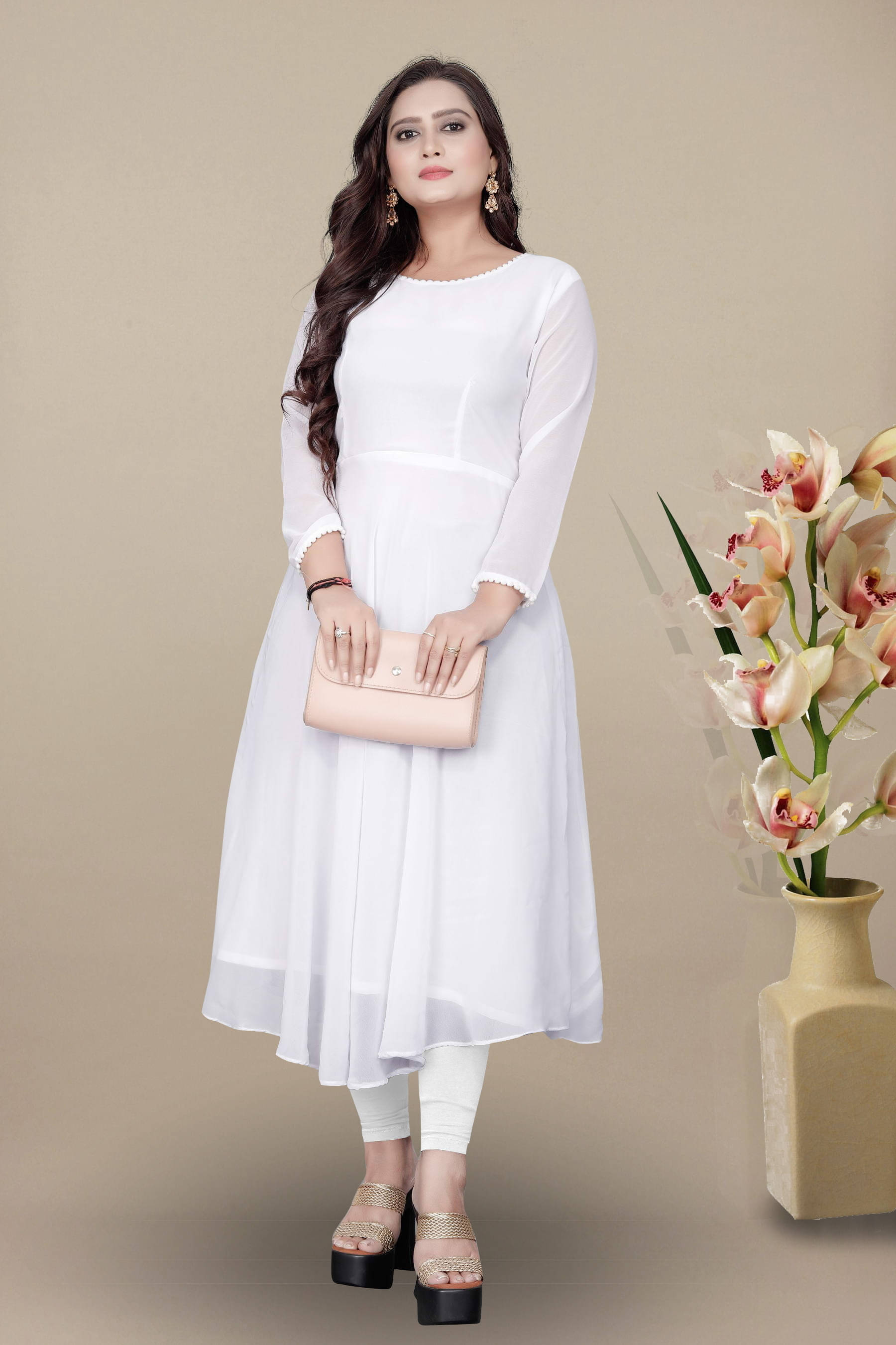 Vidya Fashion Mart Women Georgette Solid Flared Kurti ( White ) Vidya Fashion Mart Women Georgette Solid Flared Kurti ( White )
