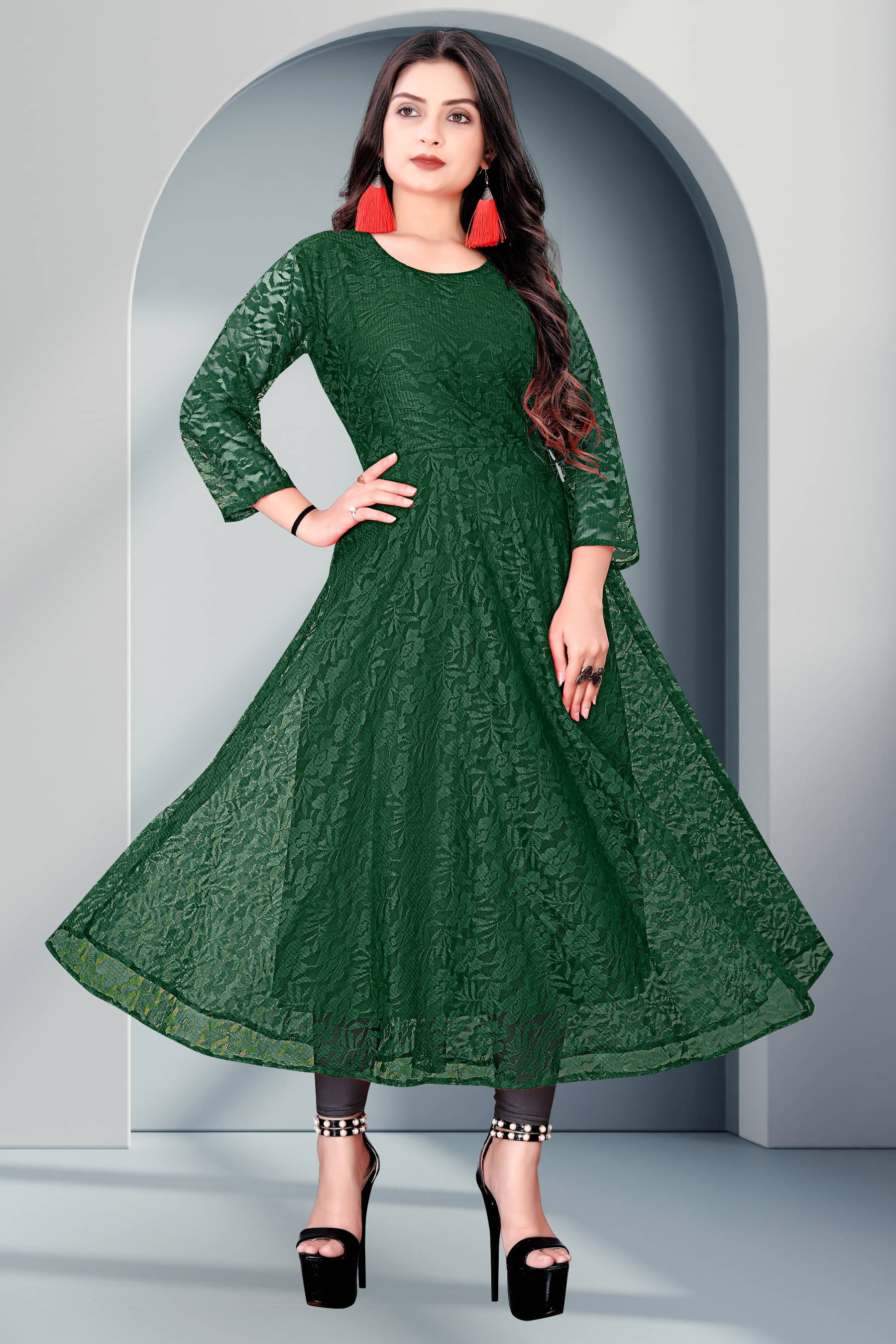 Vidya Fashion Mart Women Net Self Design Anarkali Kurti ( Green ) Vidya Fashion Mart Women Net Self Design Anarkali Kurti ( Green )
