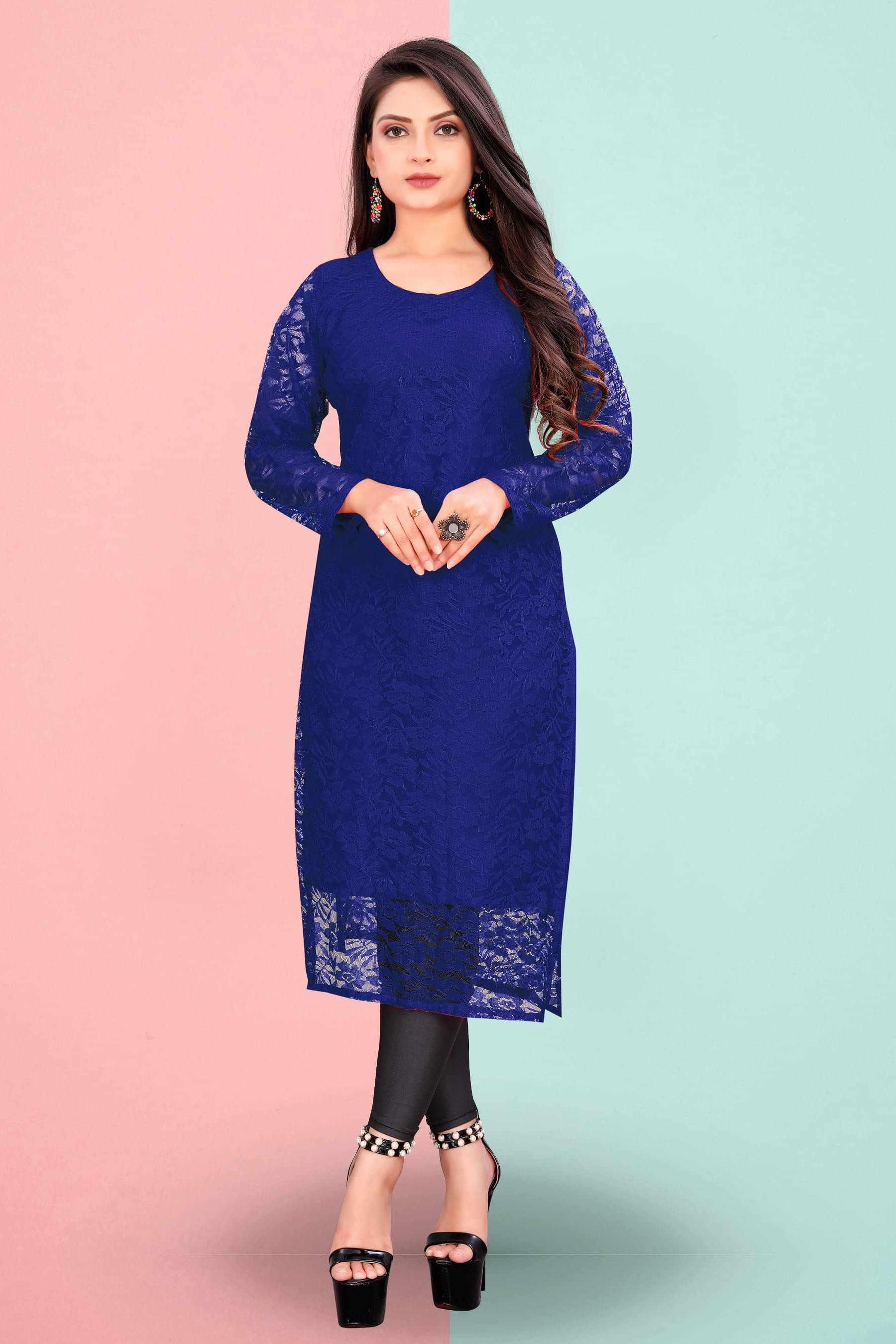 Vidya Fashion Mart Women Net Printed Straight Kurti ( Dark Blue ) Vidya Fashion Mart Women Net Printed Straight Kurti ( Dark Blue )