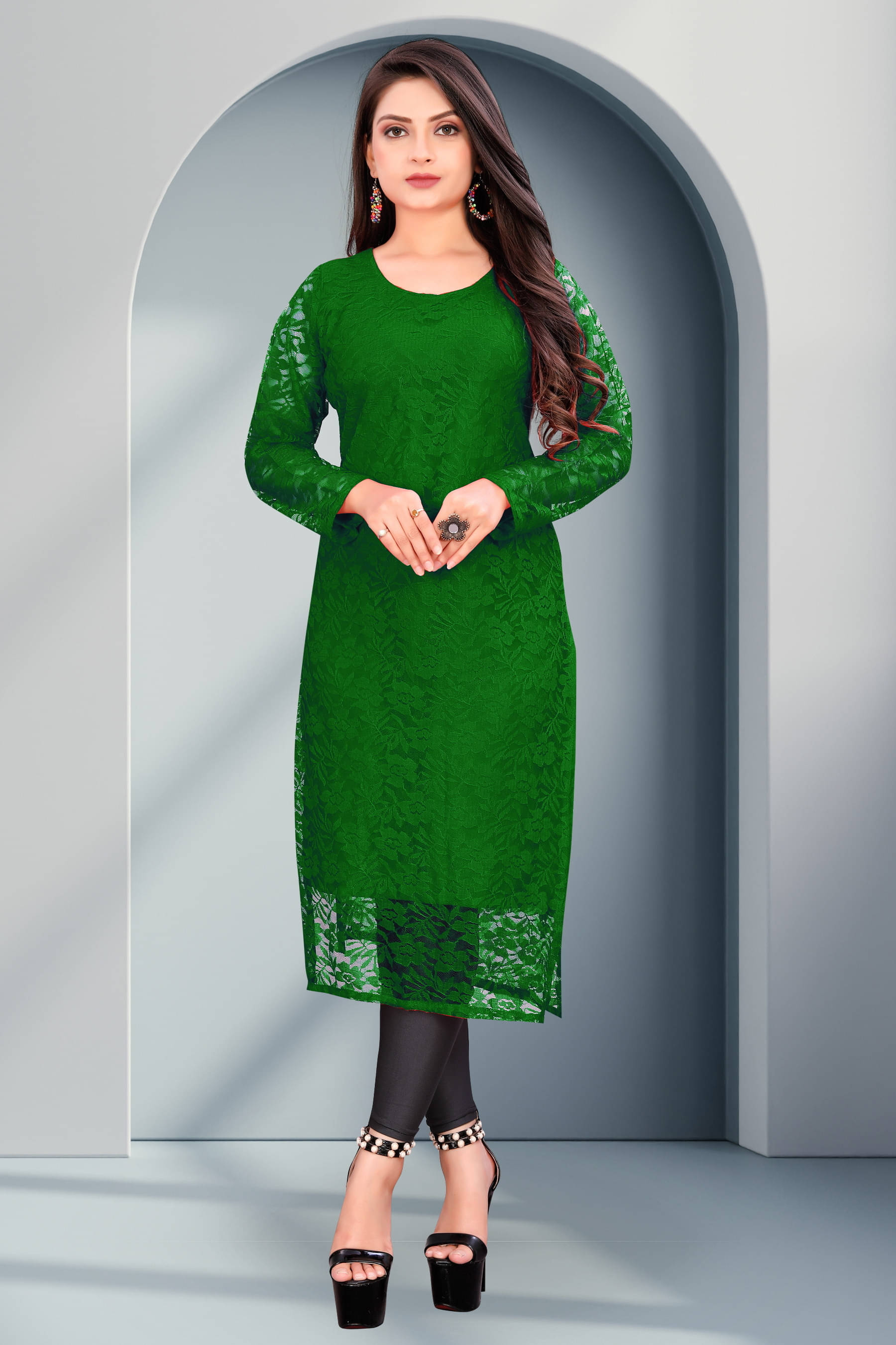     			Vidya Fashion Mart Women Net Printed Straight Kurti ( Green )