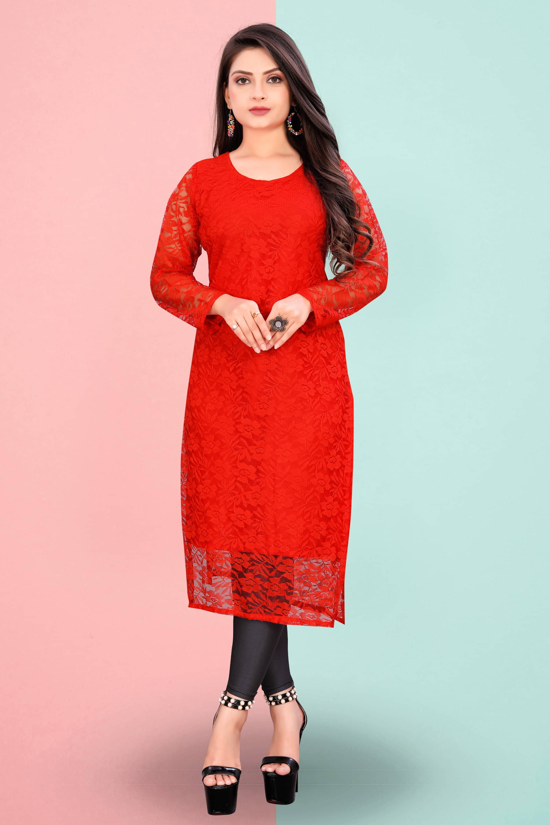     			Vidya Fashion Mart Women Net Printed Straight Kurti ( Red )
