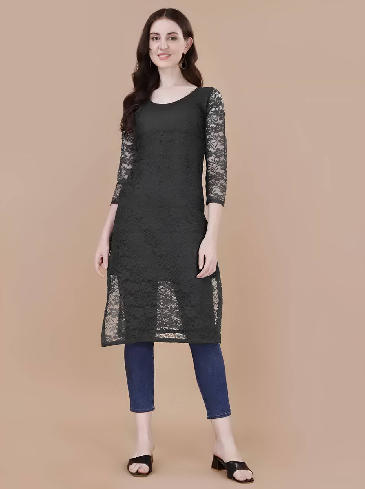 Vidya Fashion Mart Women Net Printed Straight Kurti ( Black ) Vidya Fashion Mart Women Net Printed Straight Kurti ( Black )