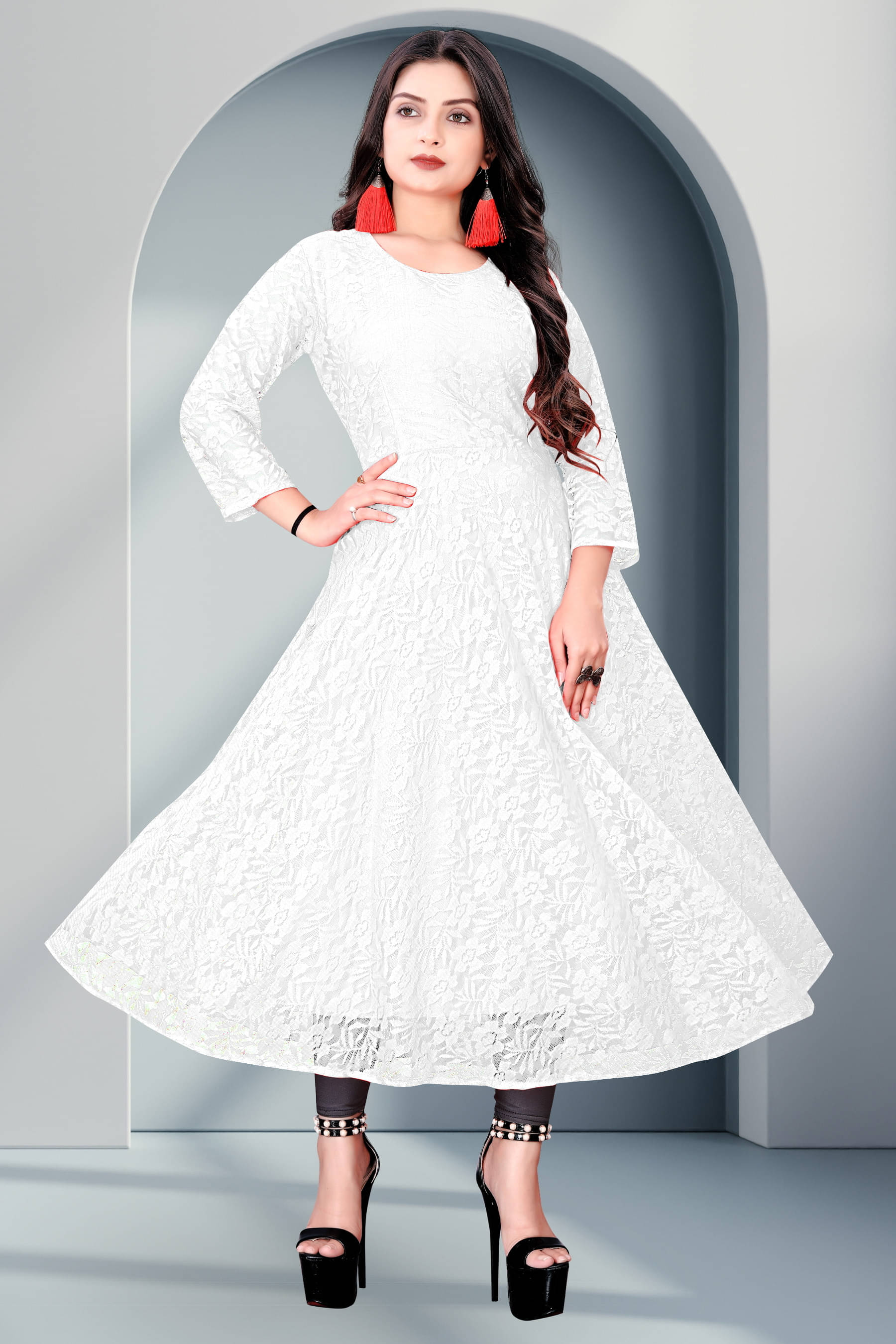 Vidya Fashion Mart Women Net Self Design Anarkali Kurti ( White ) Vidya Fashion Mart Women Net Self Design Anarkali Kurti ( White )