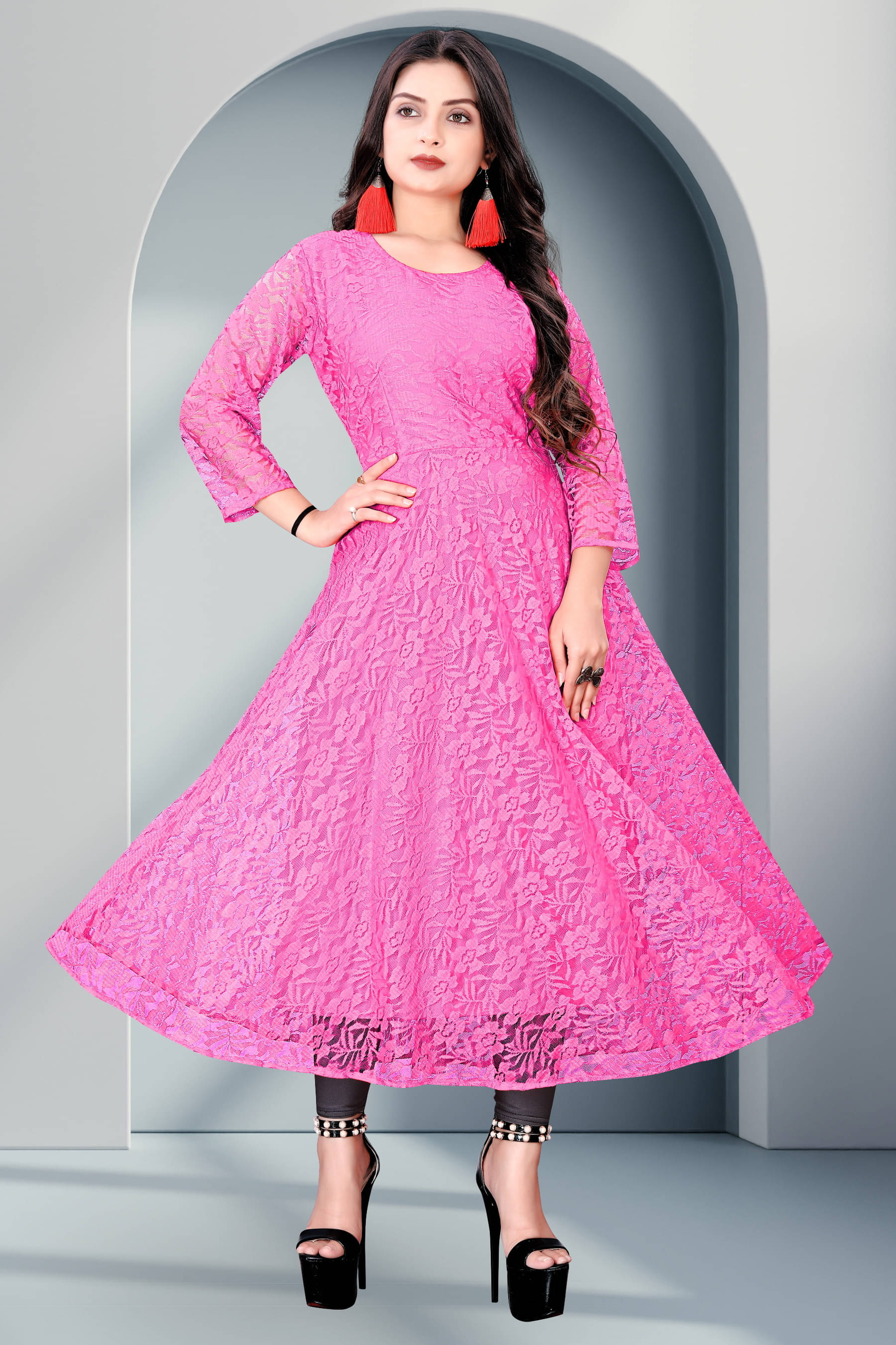 Vidya Fashion Mart Women Net Self Design Anarkali Kurti ( Pink ) Vidya Fashion Mart Women Net Self Design Anarkali Kurti ( Pink )