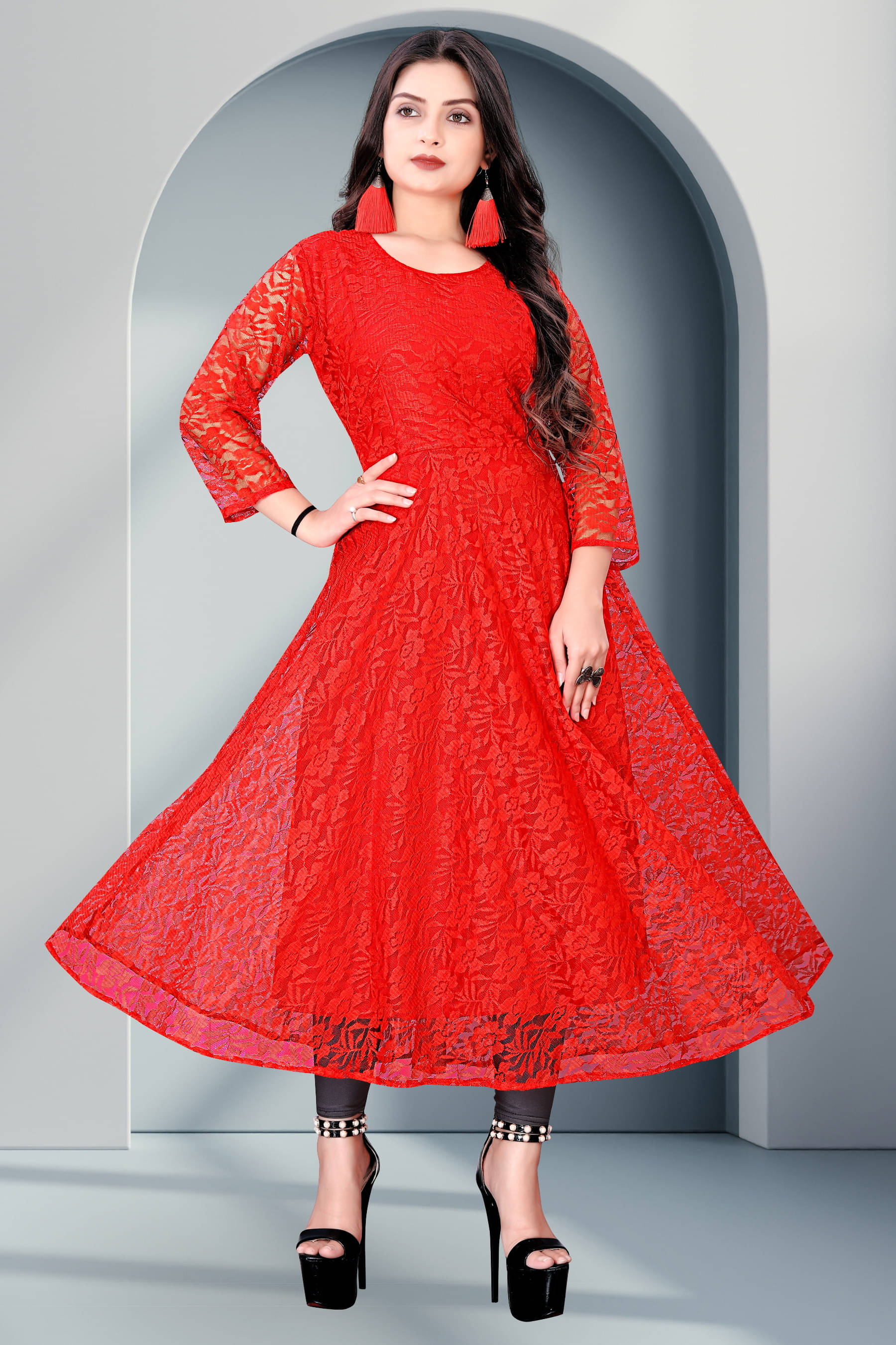     			Vidya Fashion Mart Women Net Self Design Anarkali Kurti ( Red )