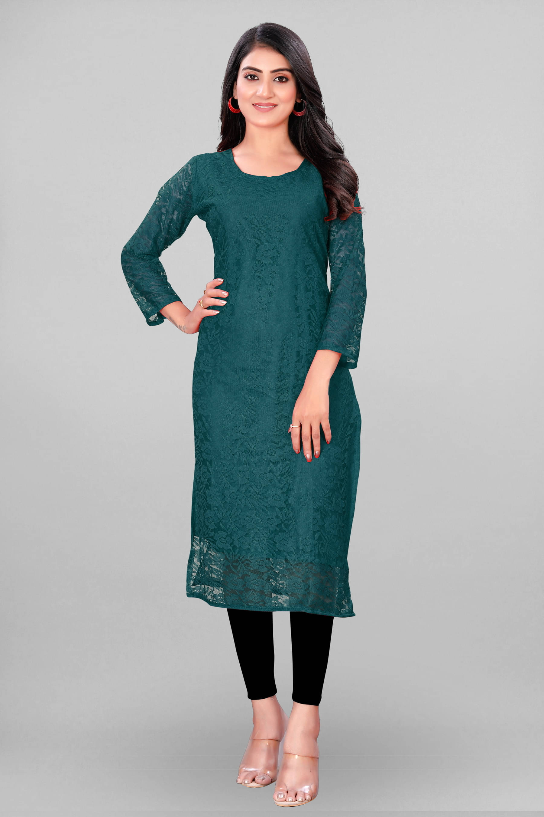 Vidya Fashion Mart Women Net Self Design Straight Kurti ( Light Green ) Vidya Fashion Mart Women Net Self Design Straight Kurti ( Light Green )