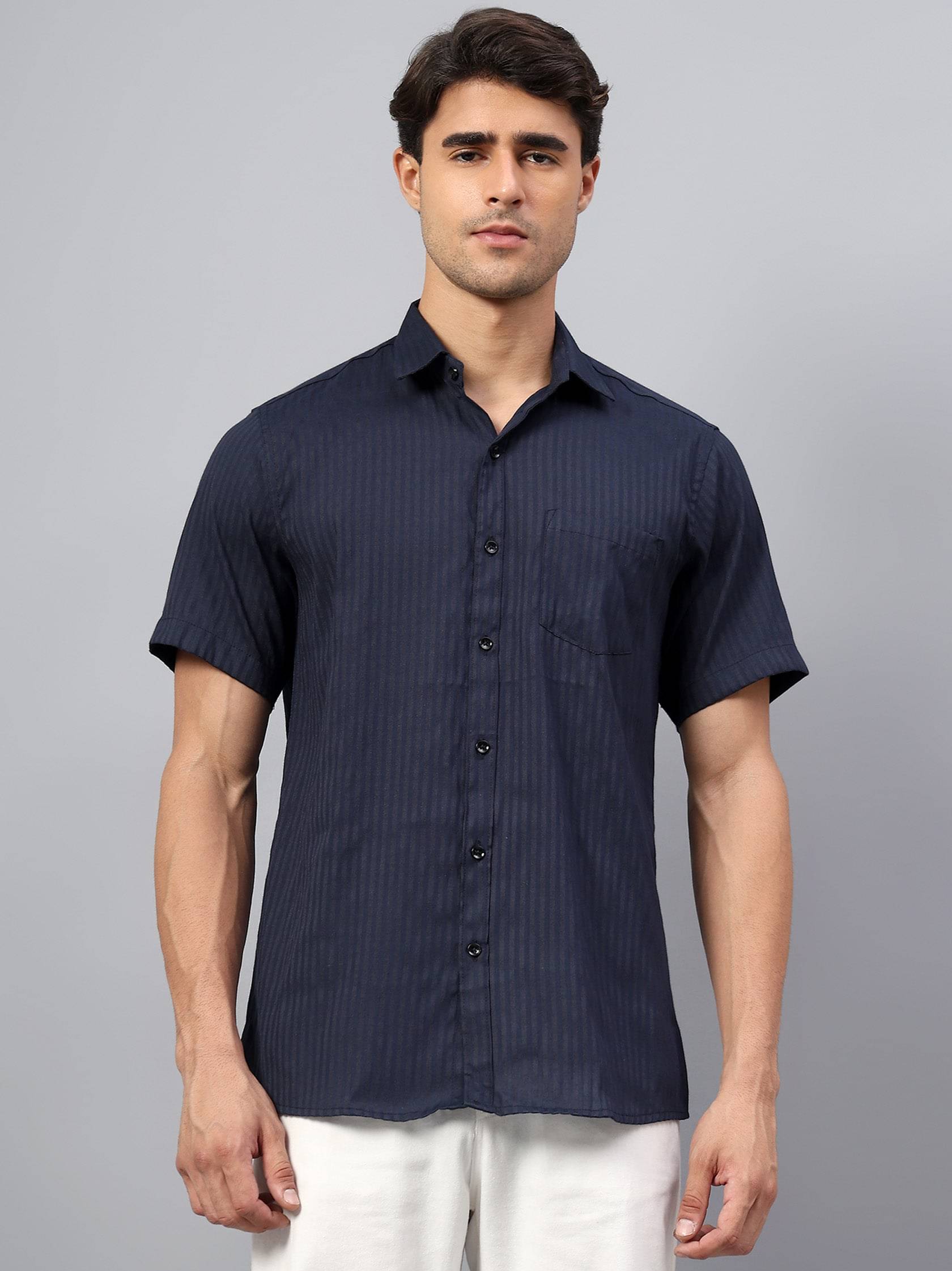 Yugnik Cotton Blend Slim Fit Half Sleeves Men's Formal Shirt - Navy Blue ( Pack of 1 )     			Yugnik Cotton Blend Slim Fit Half Sleeves Men's Formal Shirt - Navy Blue ( Pack of 1 )