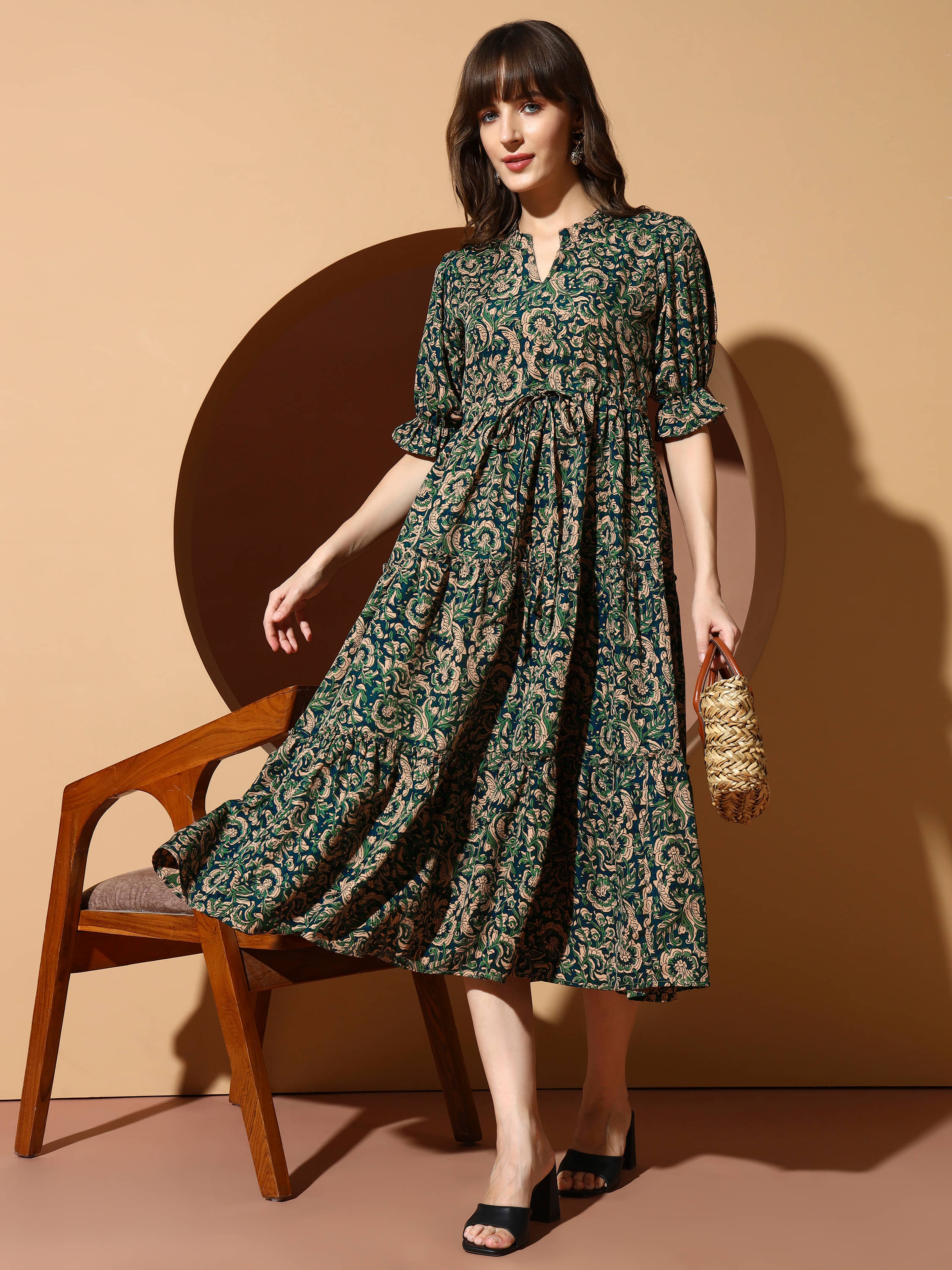     			ZWERLON Women Polyester Printed A-line Dress ( Green )