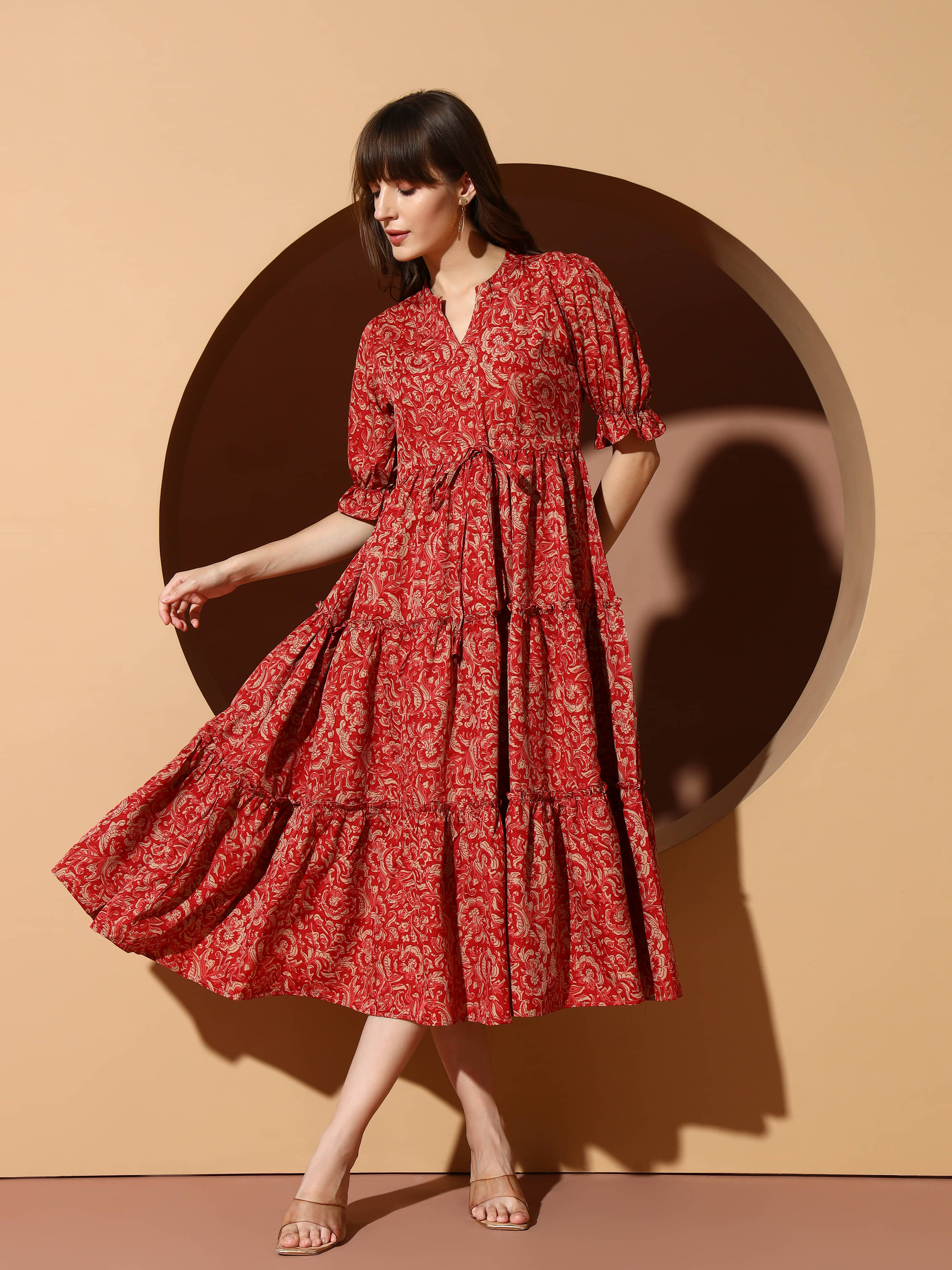     			ZWERLON Women Polyester Printed A-line Dress ( Red )