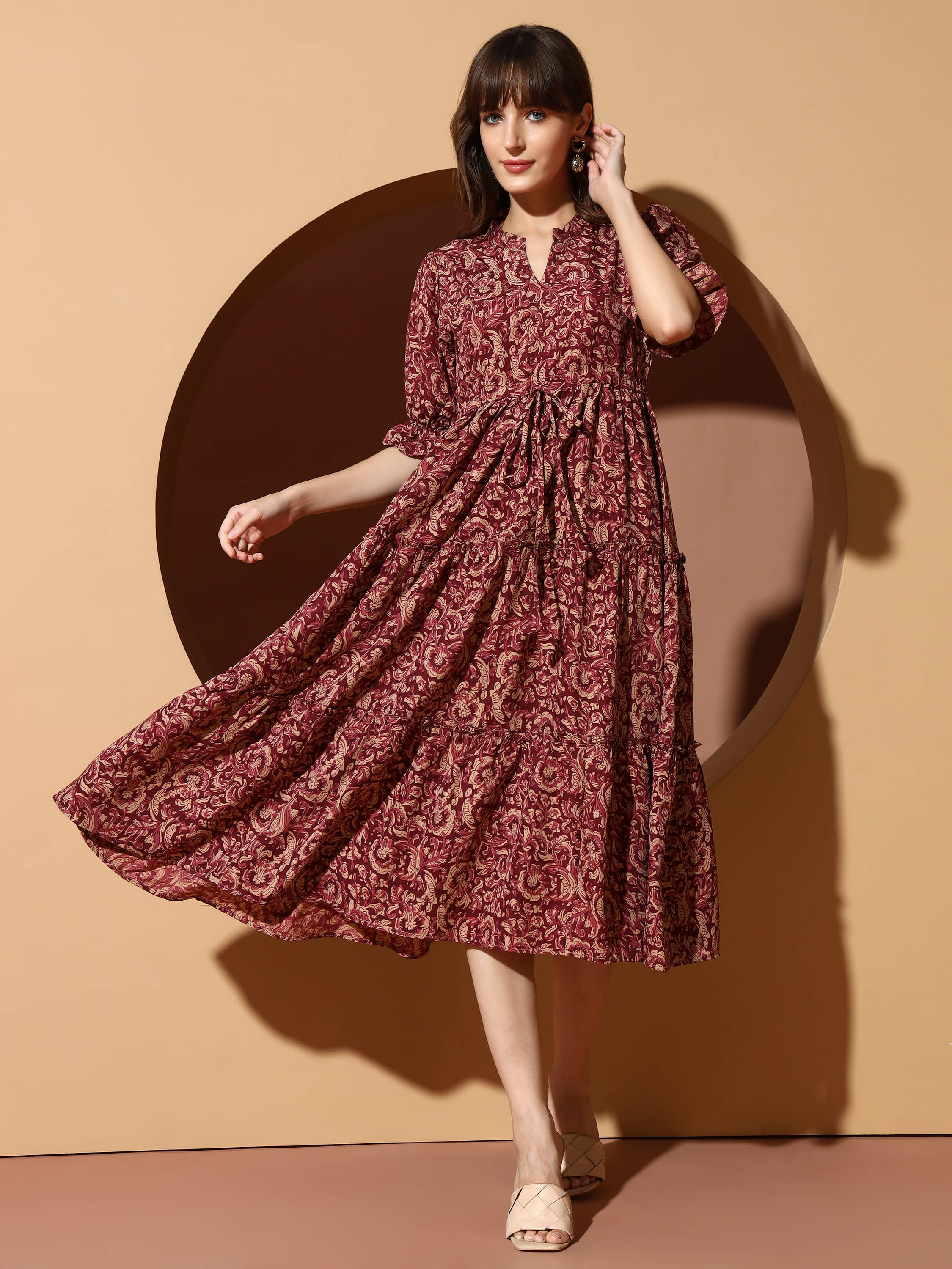 ZWERLON Women Polyester Printed A-line Dress ( Maroon )     			ZWERLON Women Polyester Printed A-line Dress ( Maroon )