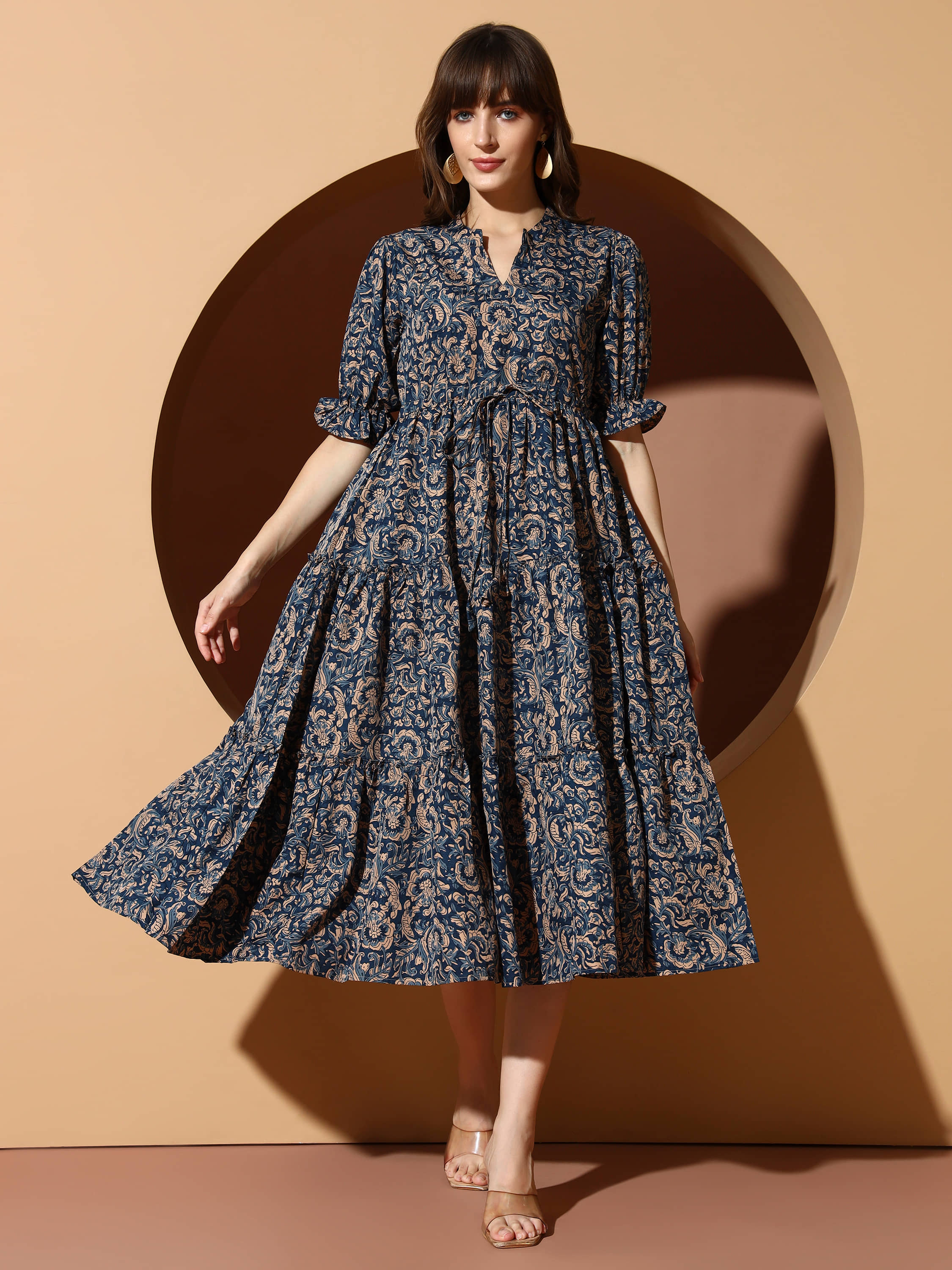 ZWERLON Women Polyester Printed A-line Dress ( Navy Blue )