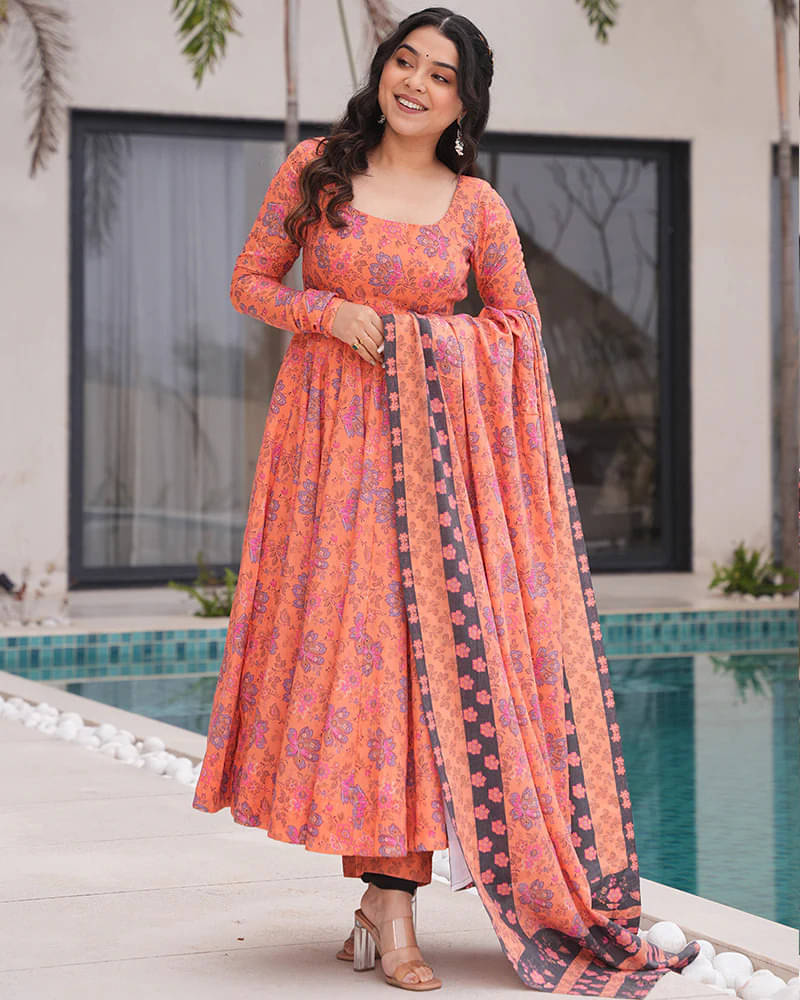 kedar fab Women Rayon Printed Anarkali Kurti With Pants ( Peach ) kedar fab Women Rayon Printed Anarkali Kurti With Pants ( Peach )