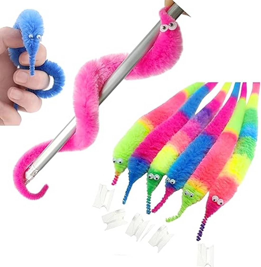     			2 pcs magic twisty worm rainbow fluffy wiggly twisty fuzzy worms on a string magic soft toy