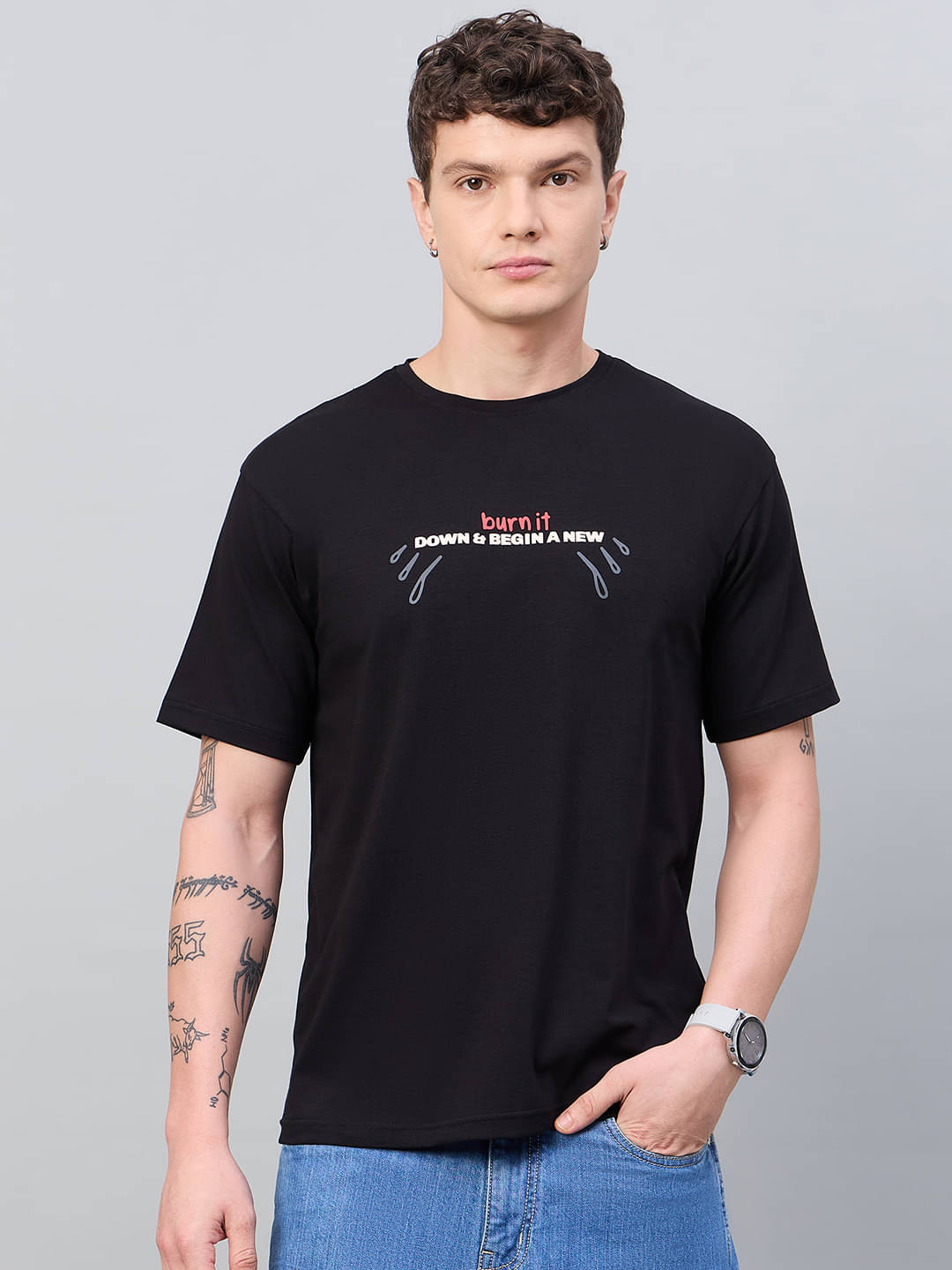    			98 Degree North Men Cotton Regular Fit Printed T-Shirt ( Black )