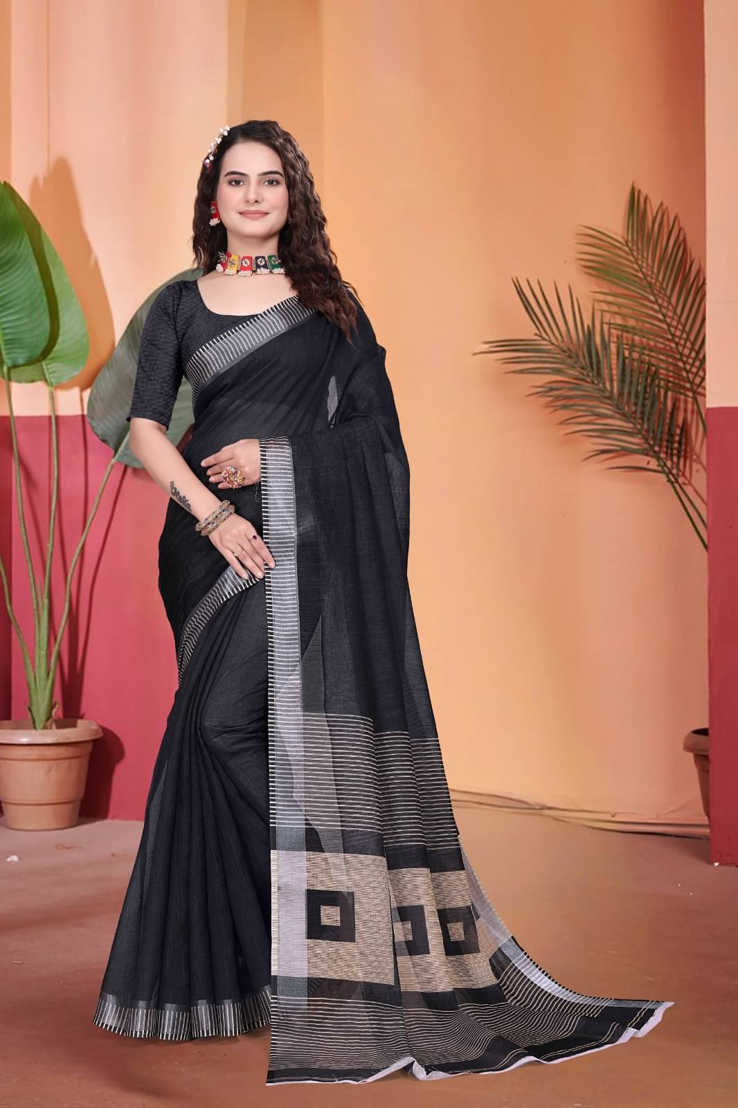 A TO Z CART Linen Printed Saree With Unstitched Blouse Piece ( Black ) A TO Z CART Linen Printed Saree With Unstitched Blouse Piece ( Black )