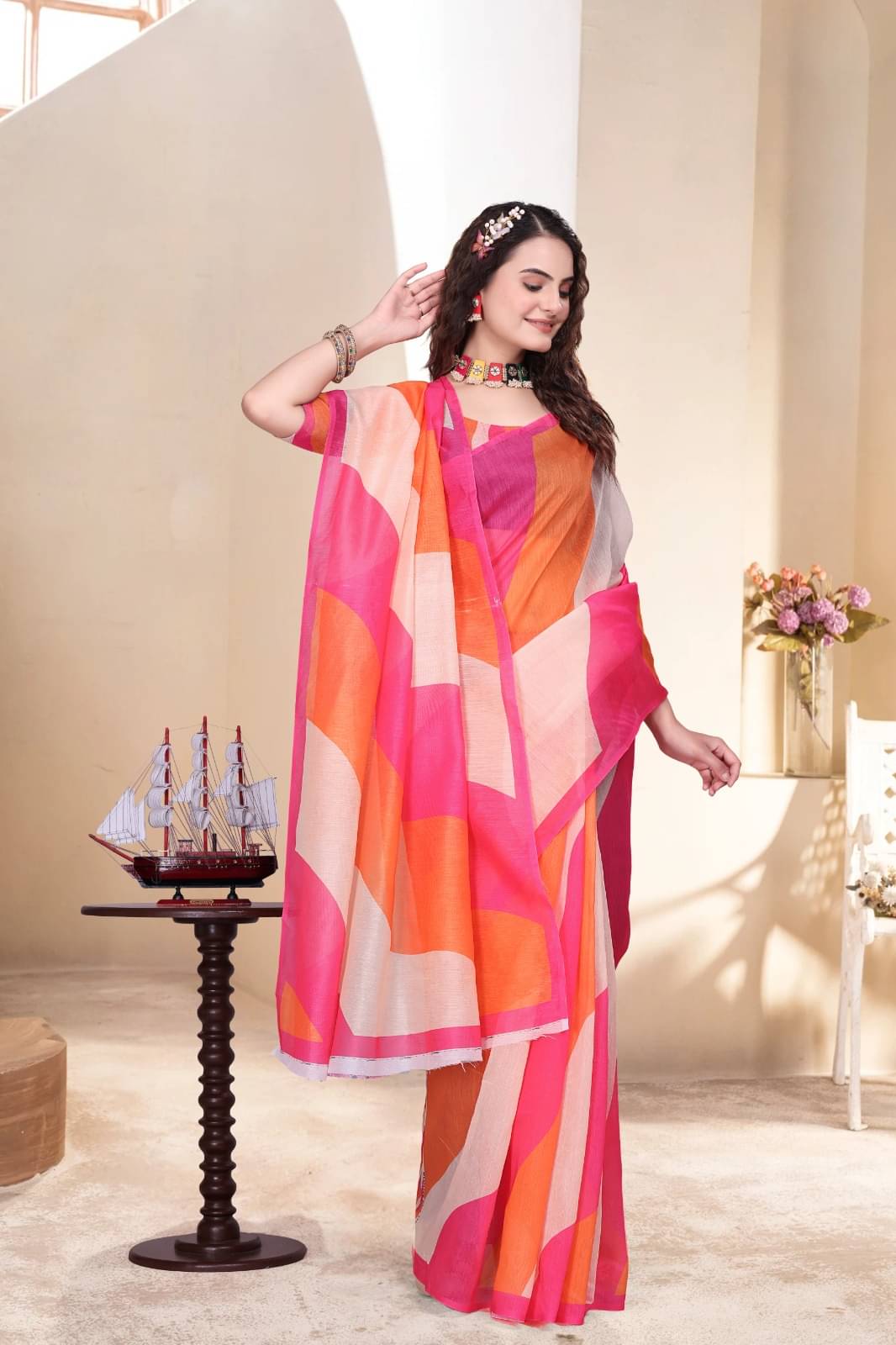     			A TO Z CART Linen Printed Saree With Unstitched Blouse Piece ( Orange )