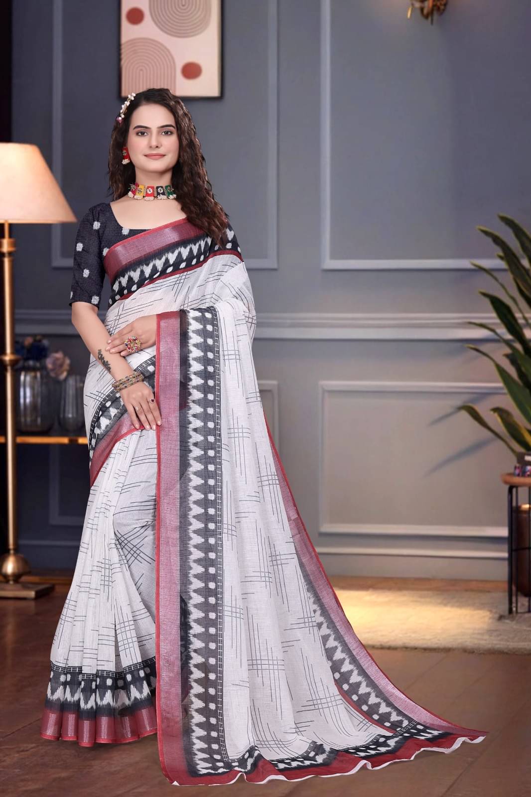 A TO Z CART Linen Printed Saree With Unstitched Blouse Piece ( Multicolor ) A TO Z CART Linen Printed Saree With Unstitched Blouse Piece ( Multicolor )