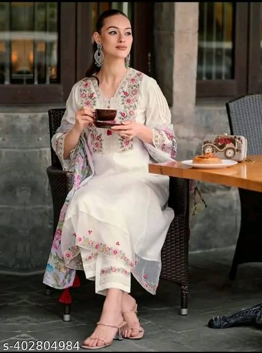     			AMAR VSTRA Women Chanderi Embroidered A-line Kurti With Palazzo ( White )