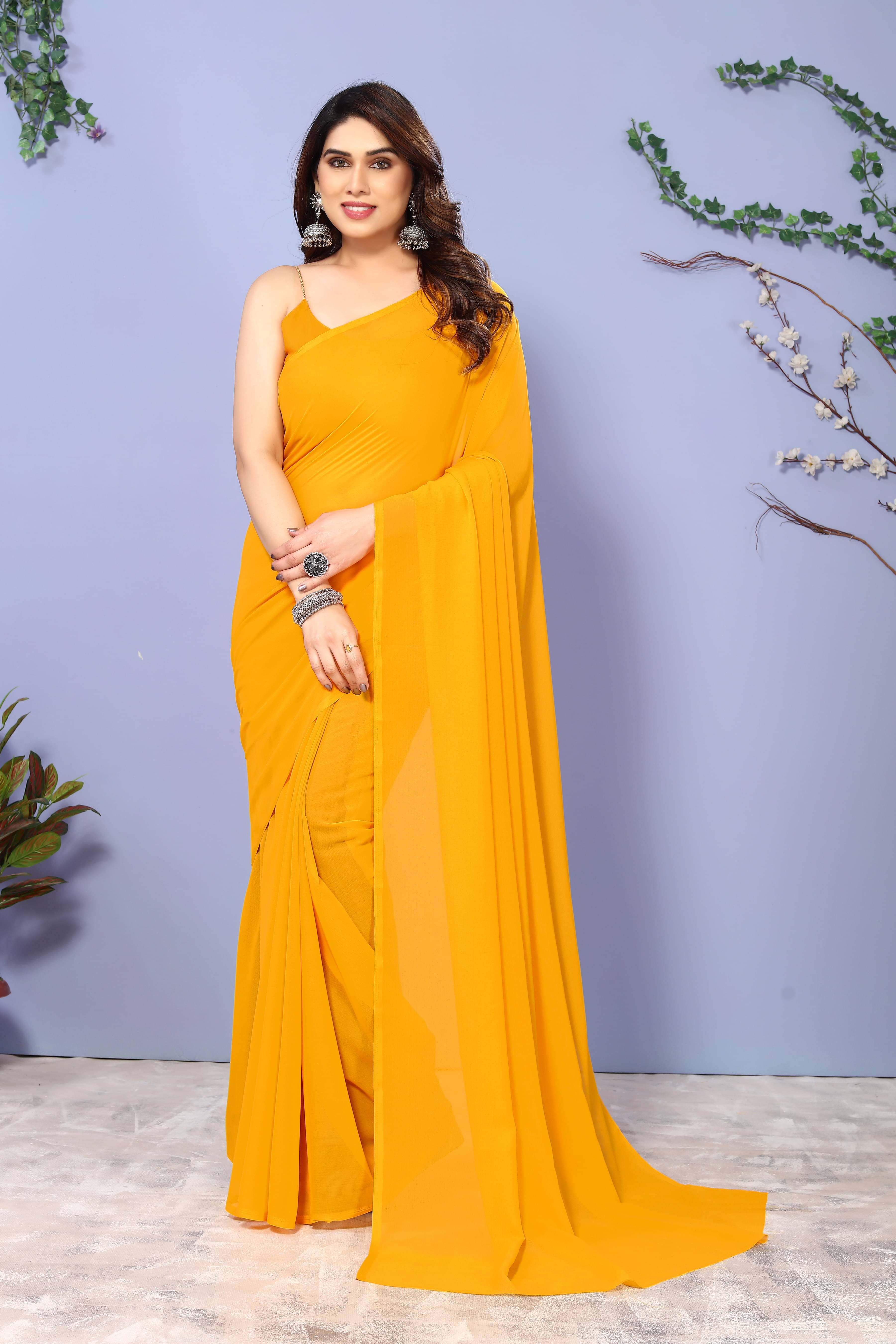     			ANAND SAREES Georgette Solid Kasavu Saree With Unstitched Blouse Piece ( Yellow )