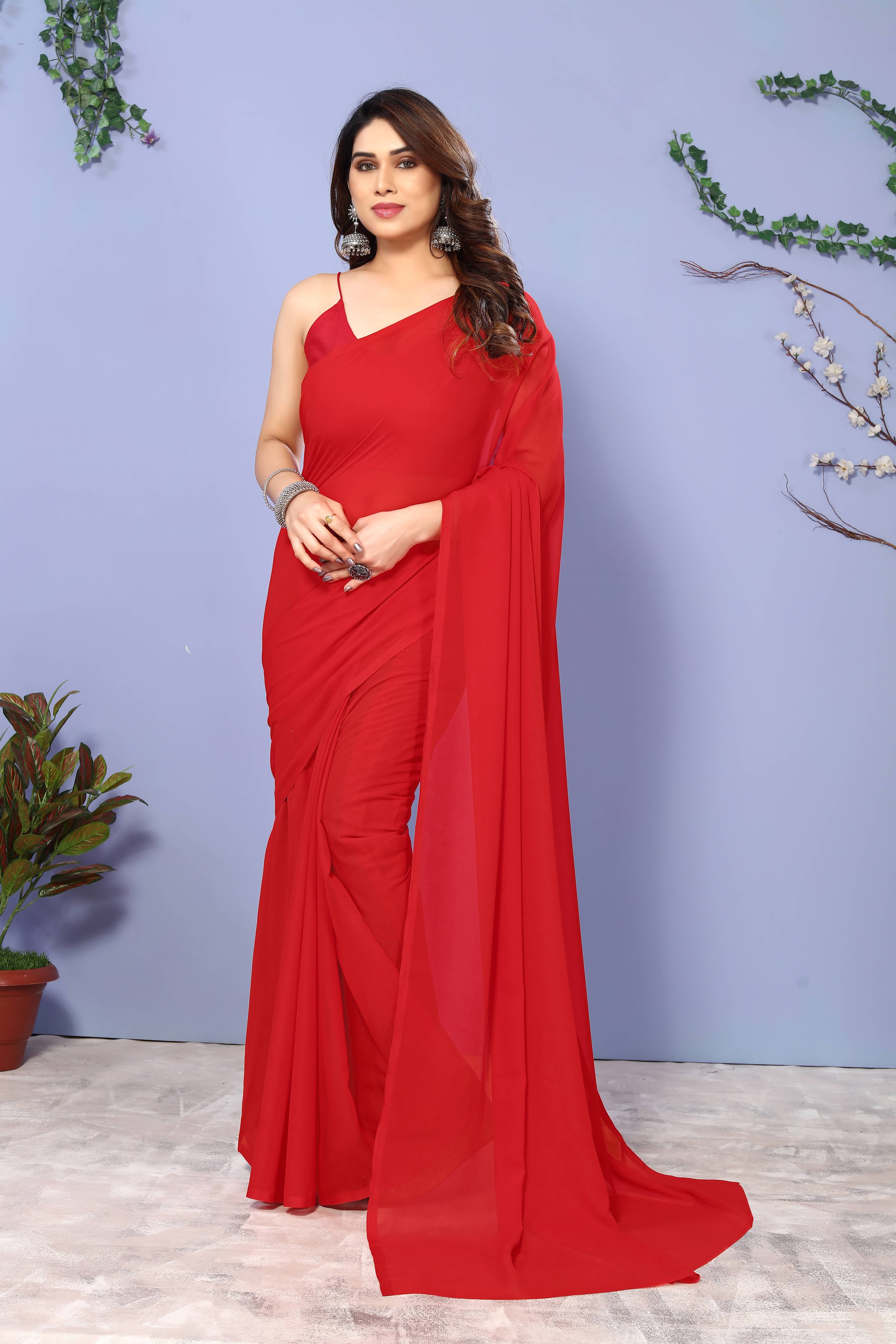    			ANAND SAREES Georgette Solid Kasavu Saree With Unstitched Blouse Piece ( Red )