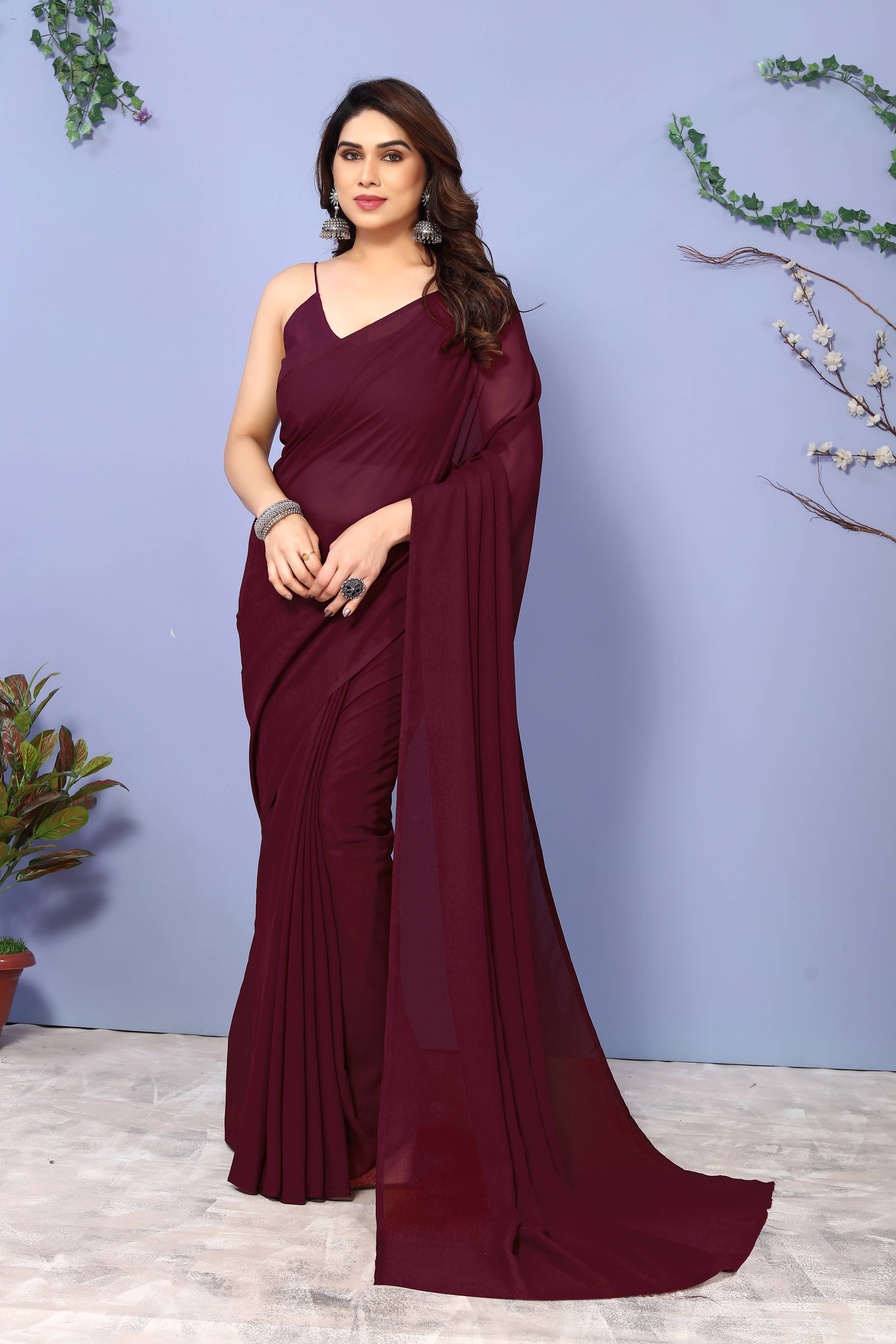     			ANAND SAREES Georgette Solid Kasavu Saree With Unstitched Blouse Piece ( Brown )