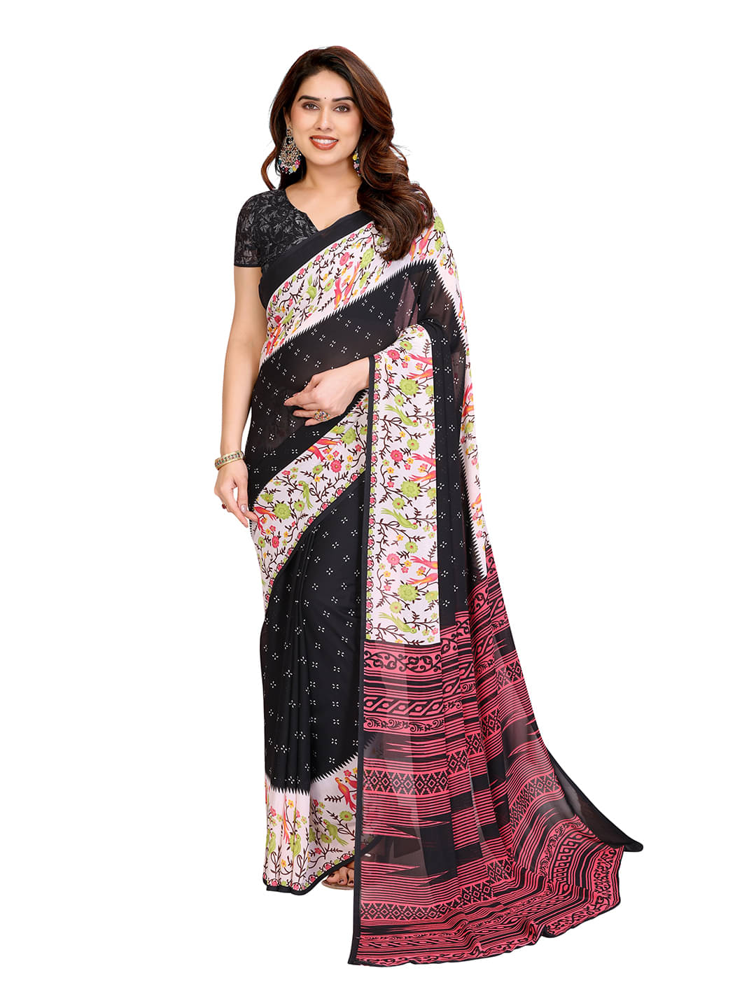 ANAND SAREES Georgette Printed Ilkal Saree With Unstitched Blouse Piece ( Black )     			ANAND SAREES Georgette Printed Ilkal Saree With Unstitched Blouse Piece ( Black )