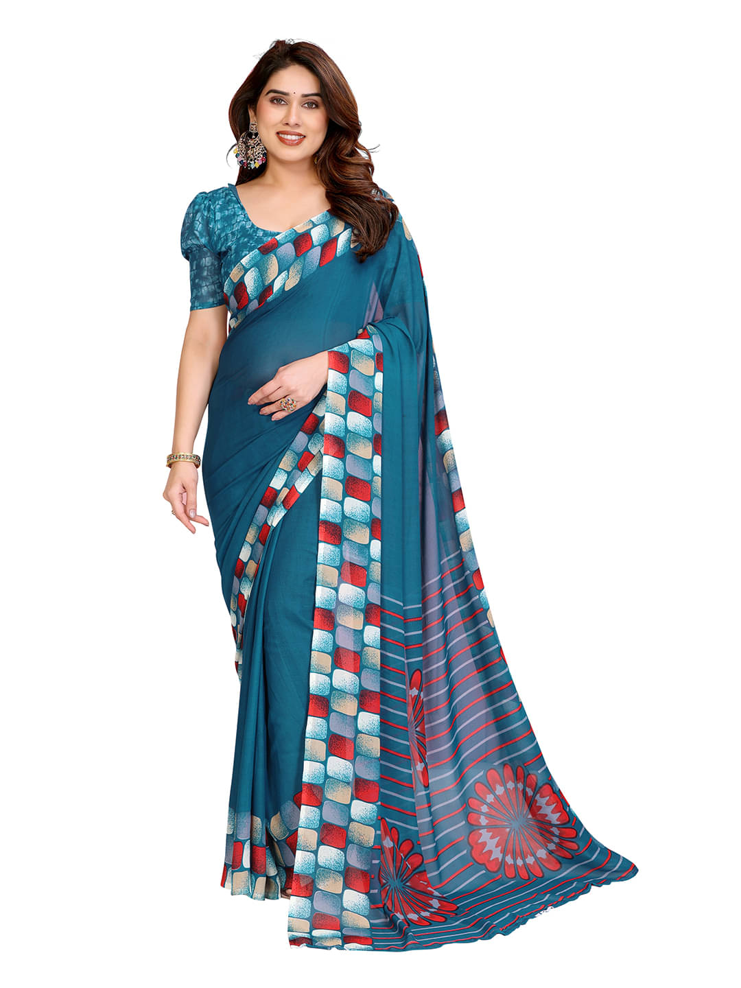 ANAND SAREES Georgette Printed Ilkal Saree With Unstitched Blouse Piece ( Rama ) ANAND SAREES Georgette Printed Ilkal Saree With Unstitched Blouse Piece ( Rama )