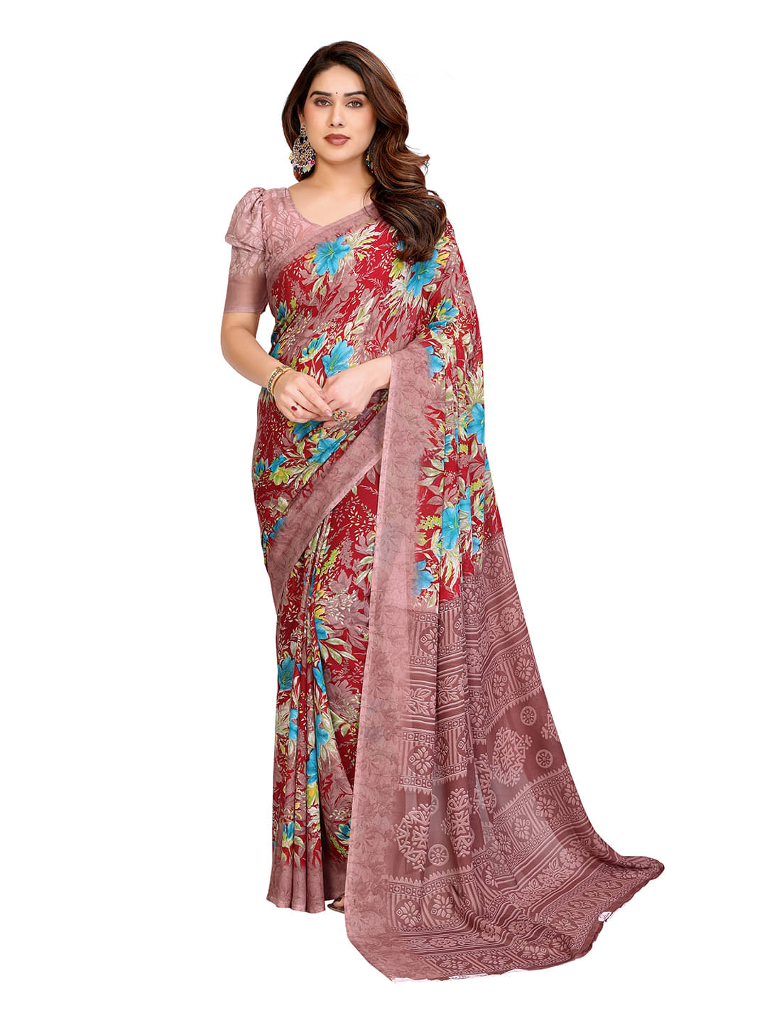 ANAND SAREES Georgette Printed Ilkal Saree With Unstitched Blouse Piece ( Red ) ANAND SAREES Georgette Printed Ilkal Saree With Unstitched Blouse Piece ( Red )
