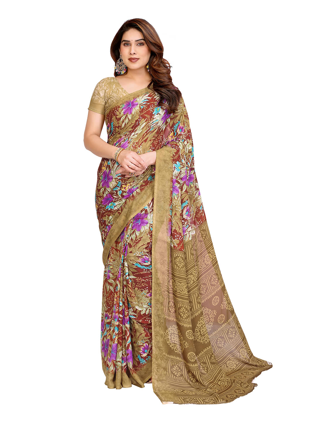     			ANAND SAREES Georgette Printed Ilkal Saree With Unstitched Blouse Piece ( Brown )