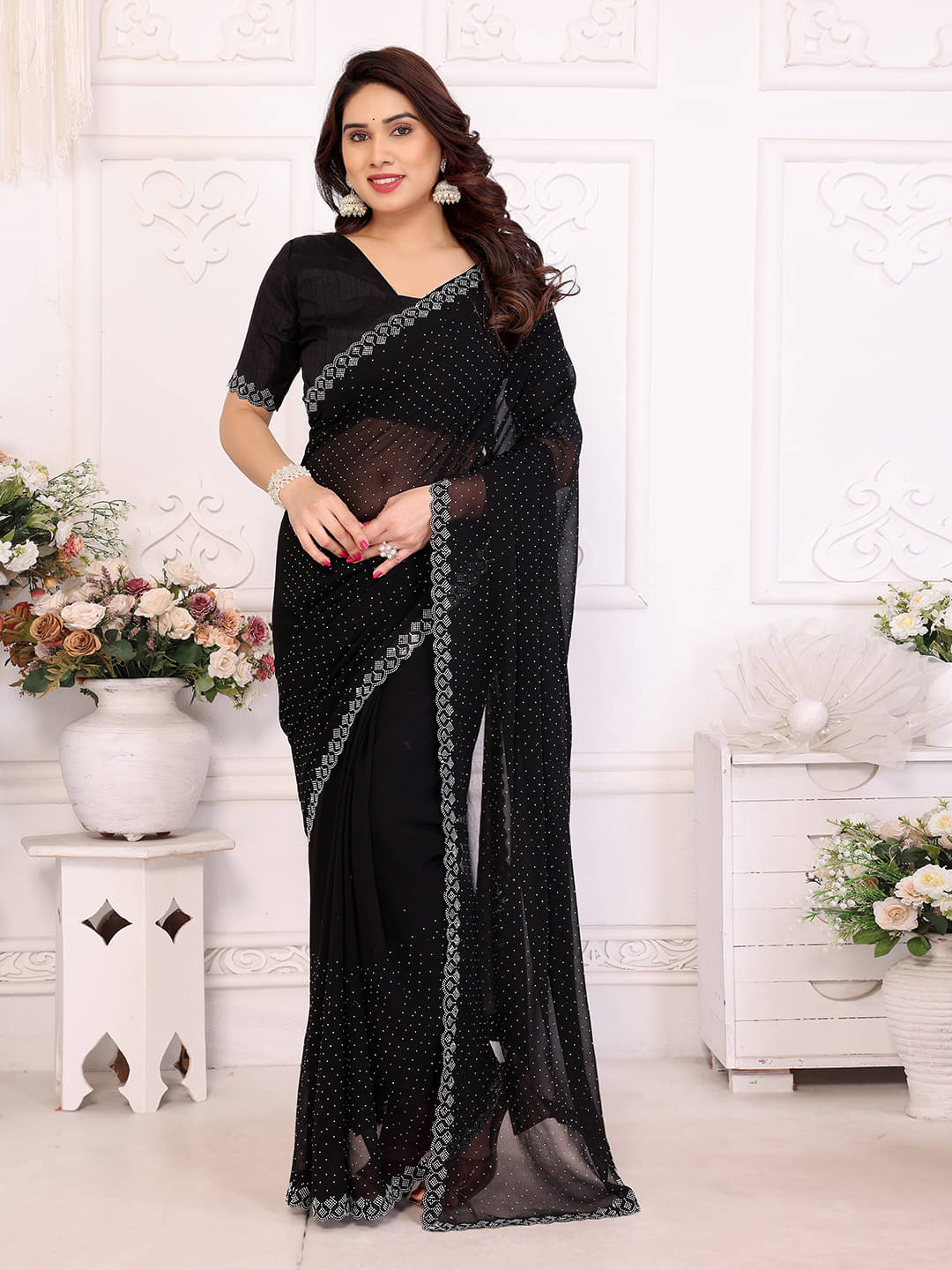 ANAND SAREES Georgette Embellished Kasavu Saree With Unstitched Blouse Piece ( Black ) ANAND SAREES Georgette Embellished Kasavu Saree With Unstitched Blouse Piece ( Black )