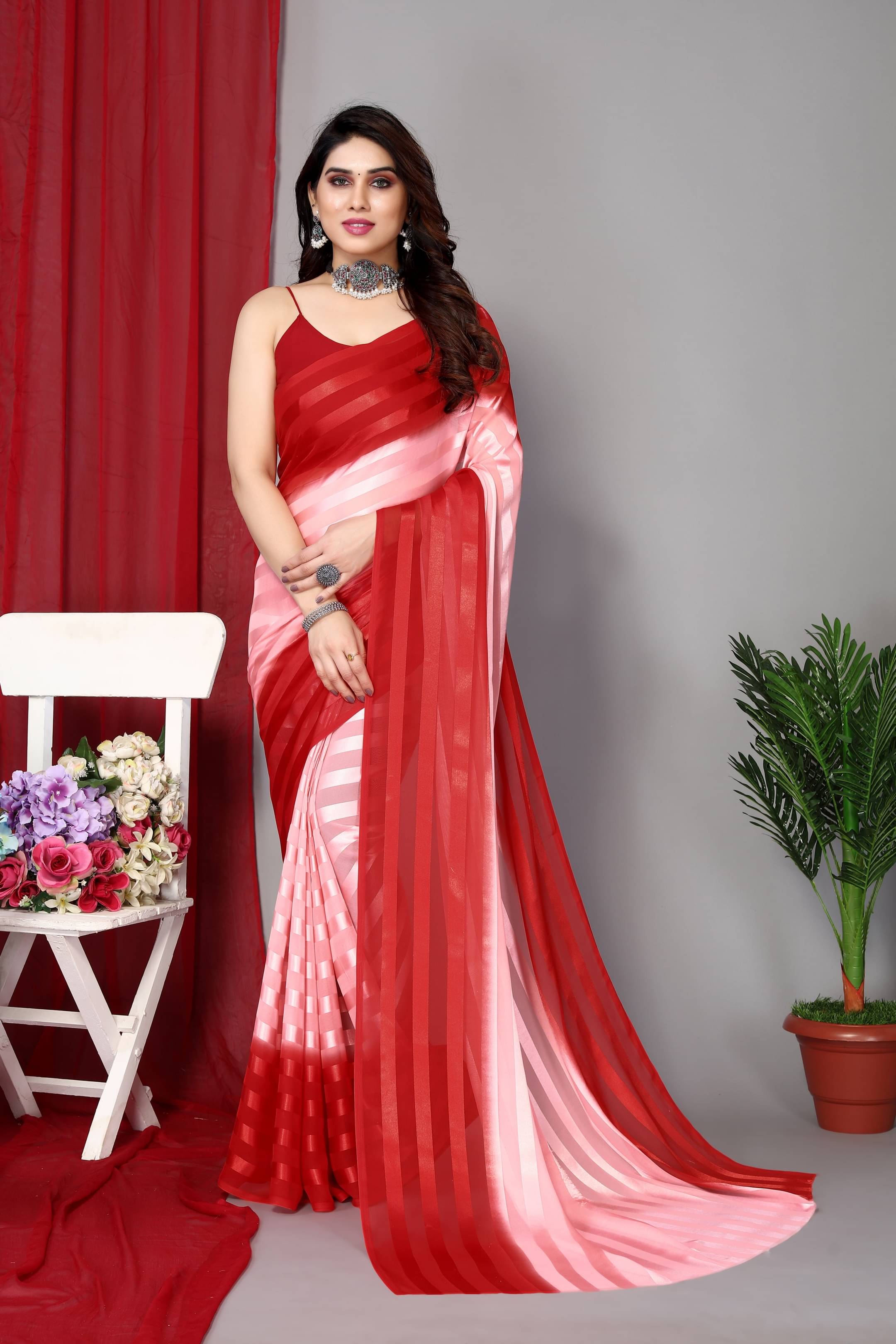     			ANAND SAREES Satin Striped Kasavu Saree With Unstitched Blouse Piece ( Red )