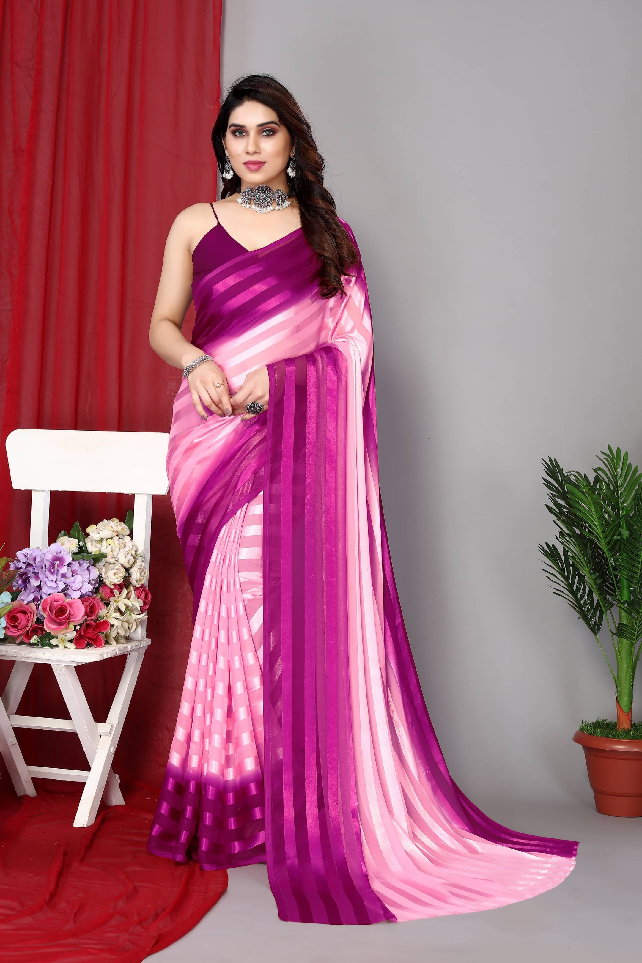 ANAND SAREES Satin Striped Kasavu Saree With Unstitched Blouse Piece ( Rani ) ANAND SAREES Satin Striped Kasavu Saree With Unstitched Blouse Piece ( Rani )