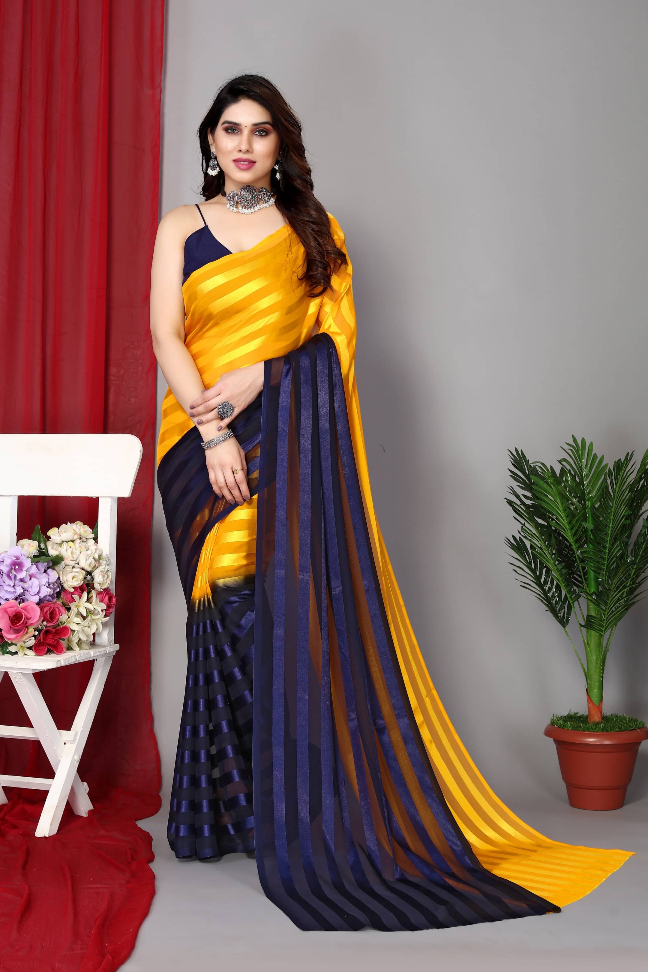 ANAND SAREES Satin Striped Kasavu Saree With Unstitched Blouse Piece ( Yellow ) ANAND SAREES Satin Striped Kasavu Saree With Unstitched Blouse Piece ( Yellow )