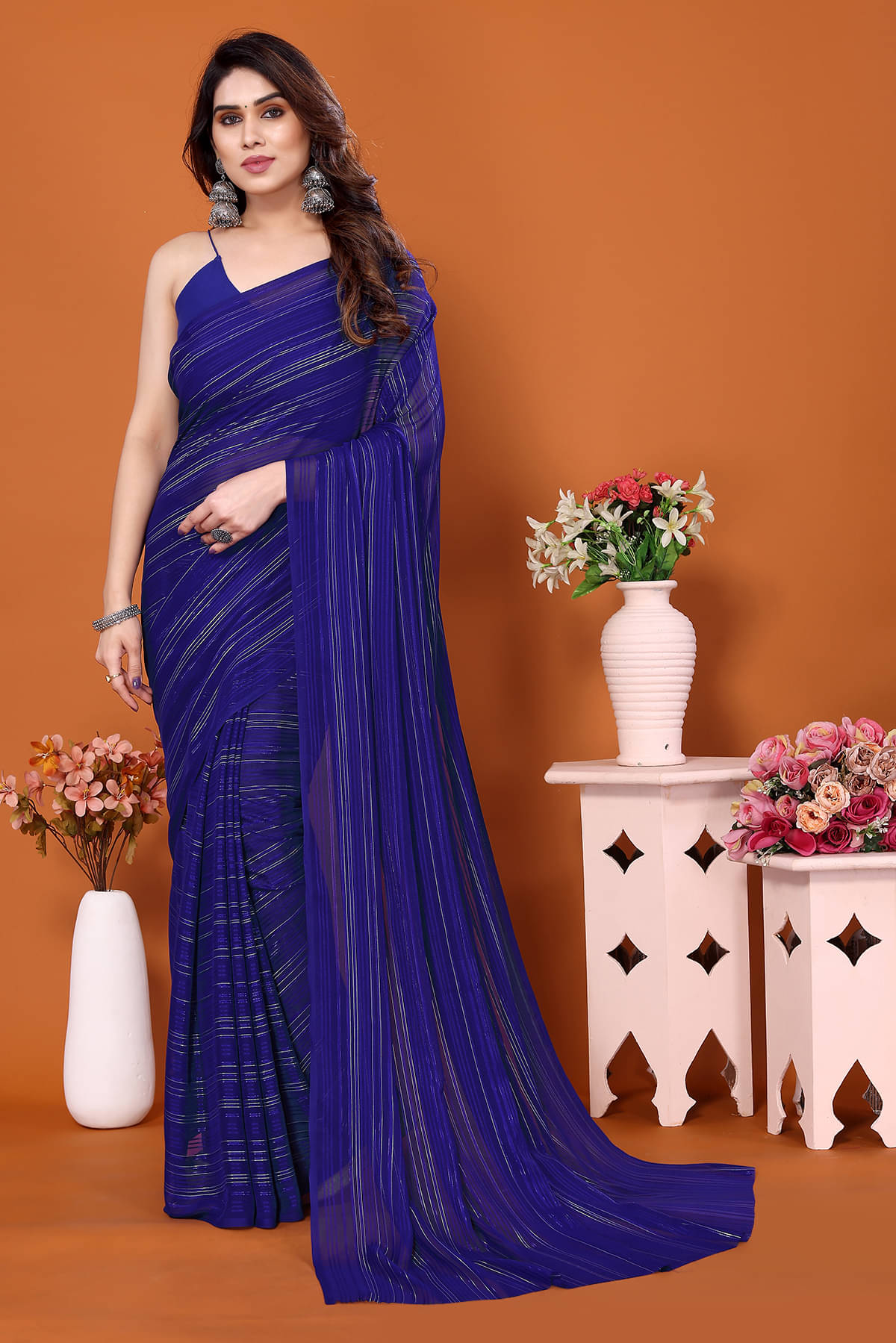     			ANAND SAREES Satin Striped Chanderi saree With Unstitched Blouse Piece ( Blue )