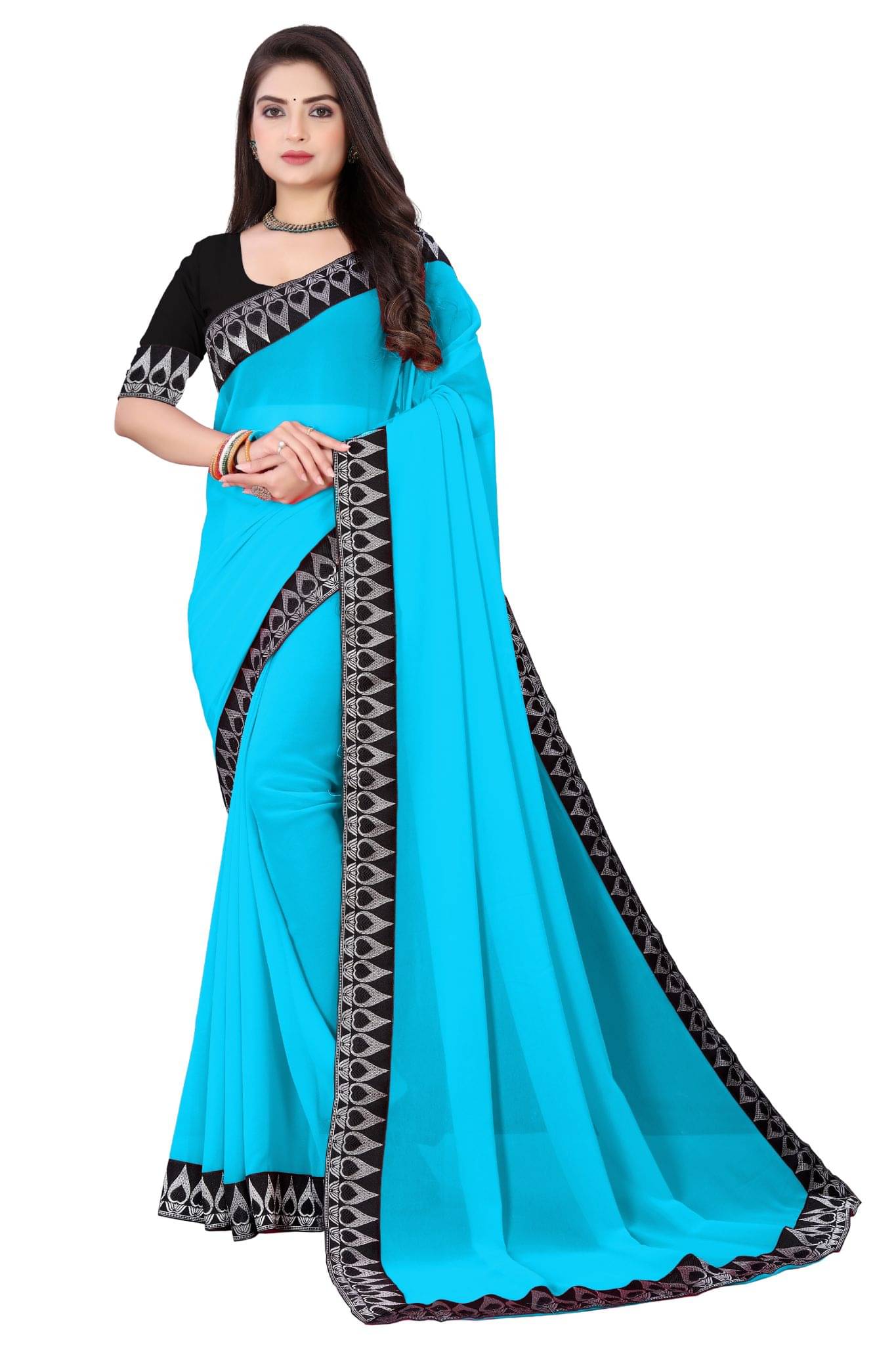 Aai Shree Khodiyar Georgette Embellished Banarasi saree With Unstitched Blouse Piece ( Sky Blue ) Aai Shree Khodiyar Georgette Embellished Banarasi saree With Unstitched Blouse Piece ( Sky Blue )