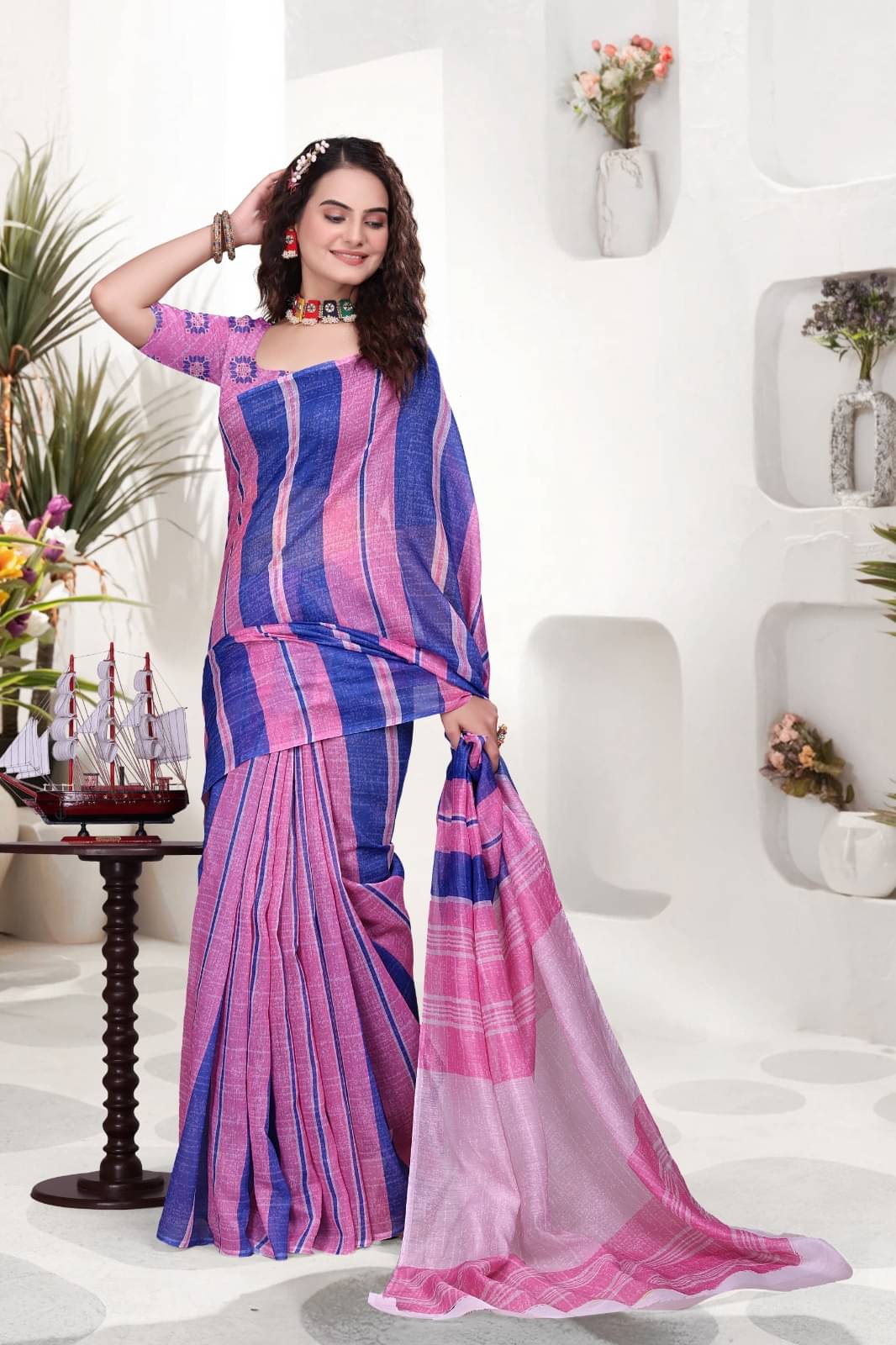     			Aika Linen Printed Saree With Unstitched Blouse Piece ( Pink )