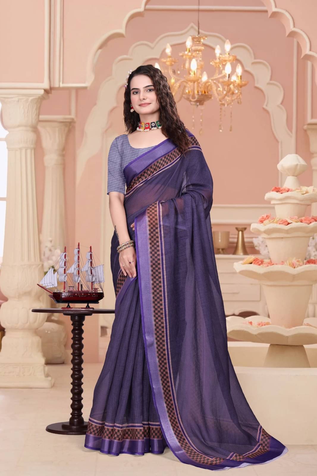 Aika Linen Printed Saree With Unstitched Blouse Piece ( Purple ) Aika Linen Printed Saree With Unstitched Blouse Piece ( Purple )