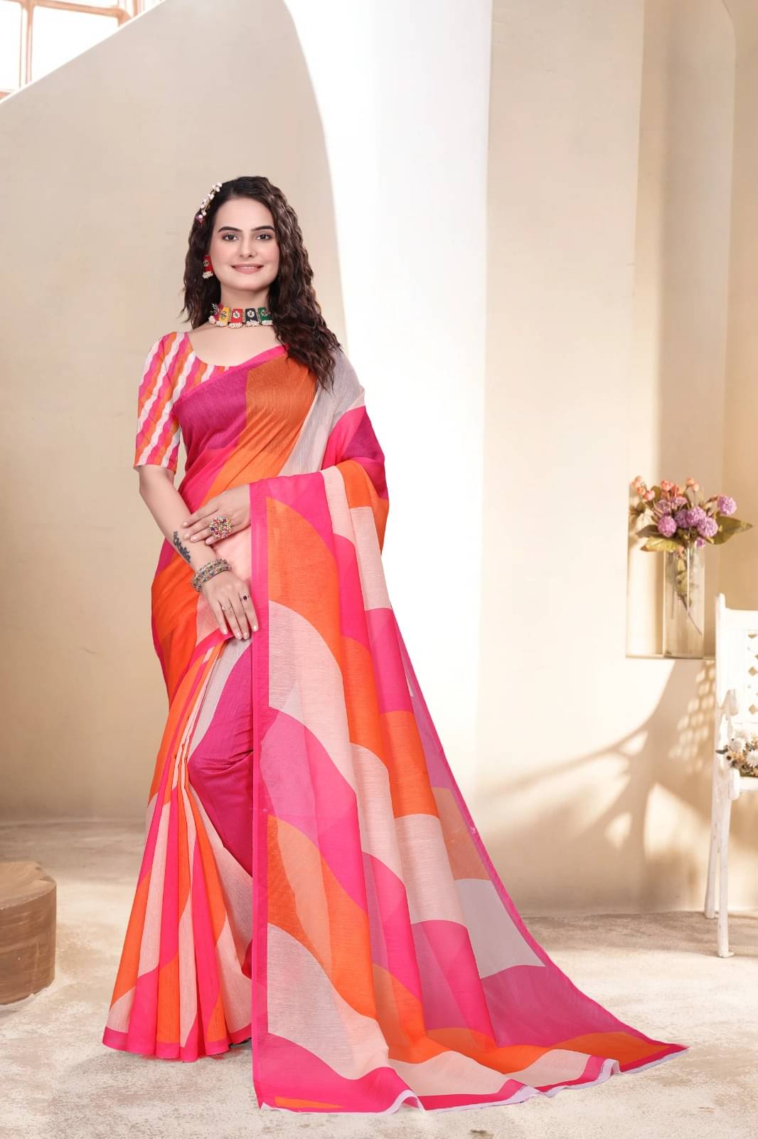 Apnisha Linen Printed Saree With Unstitched Blouse Piece ( Orange ) Apnisha Linen Printed Saree With Unstitched Blouse Piece ( Orange )